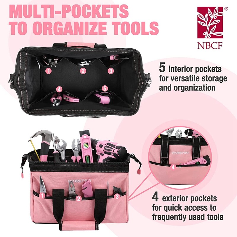 WORKPRO 13-Inch Tool Bag Wide Mouth Tool Tote Bag Tool Storage Bag Blue/Pink NEW