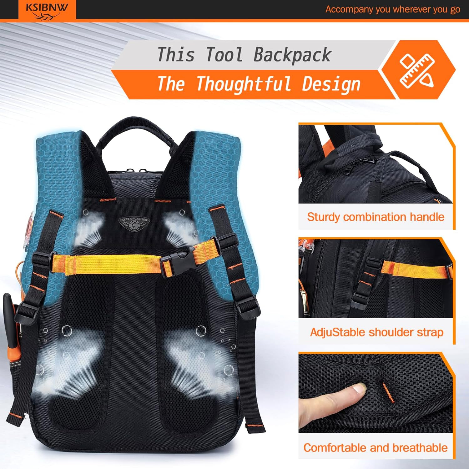 Durable Tool Backpack with 45 Pockets & Laptop Compartment – Black/Orange