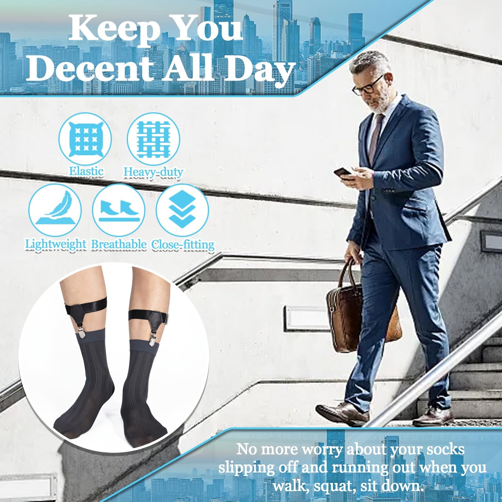 STAY GENT 2 Pairs Men’s Suspenders, 4 Pcs Sock Garters One Size, Coal Black