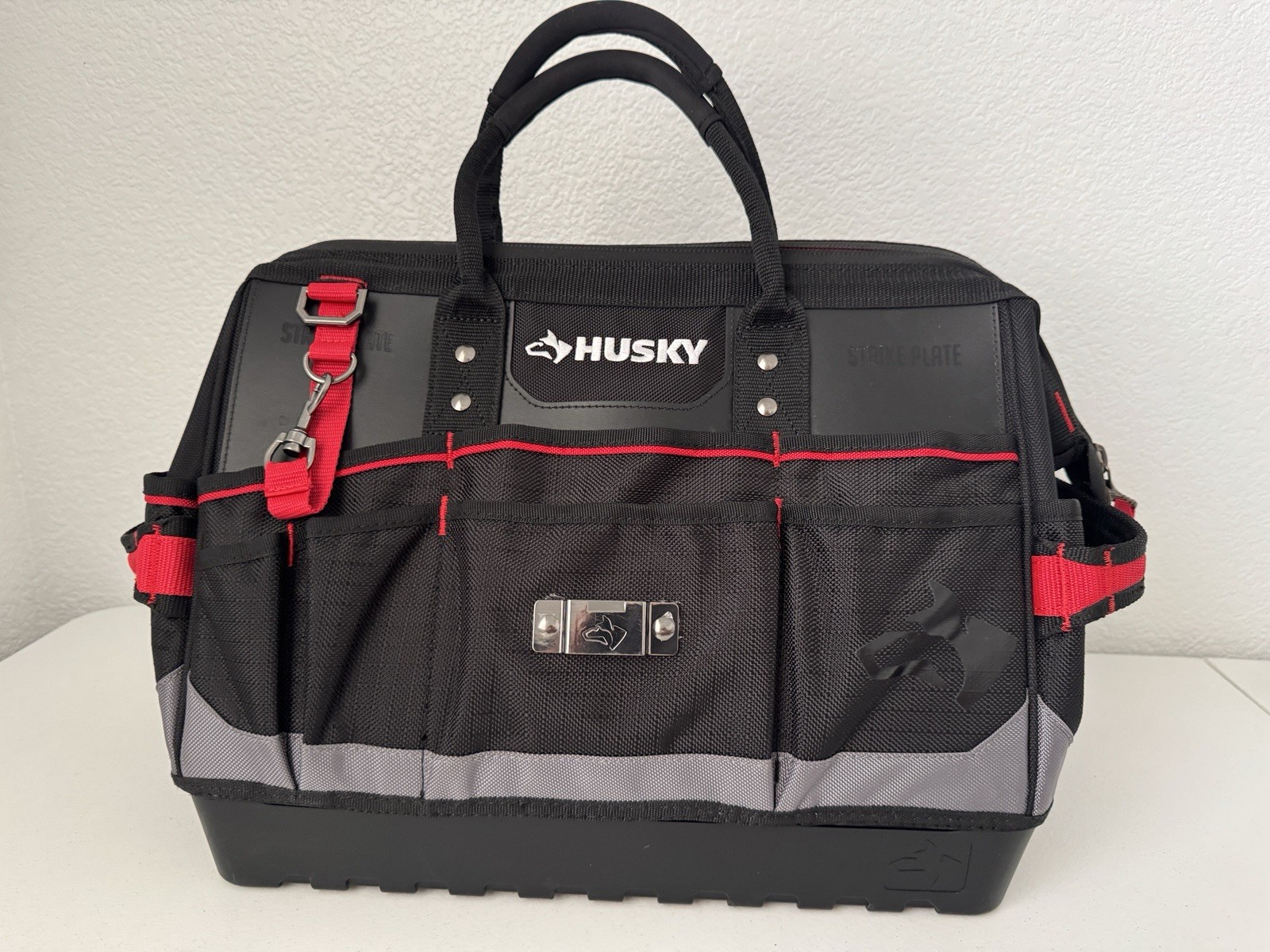 Husky 16” Heavy Duty Tool Bag Tote Open Box New Hard Bottom Strike Plate