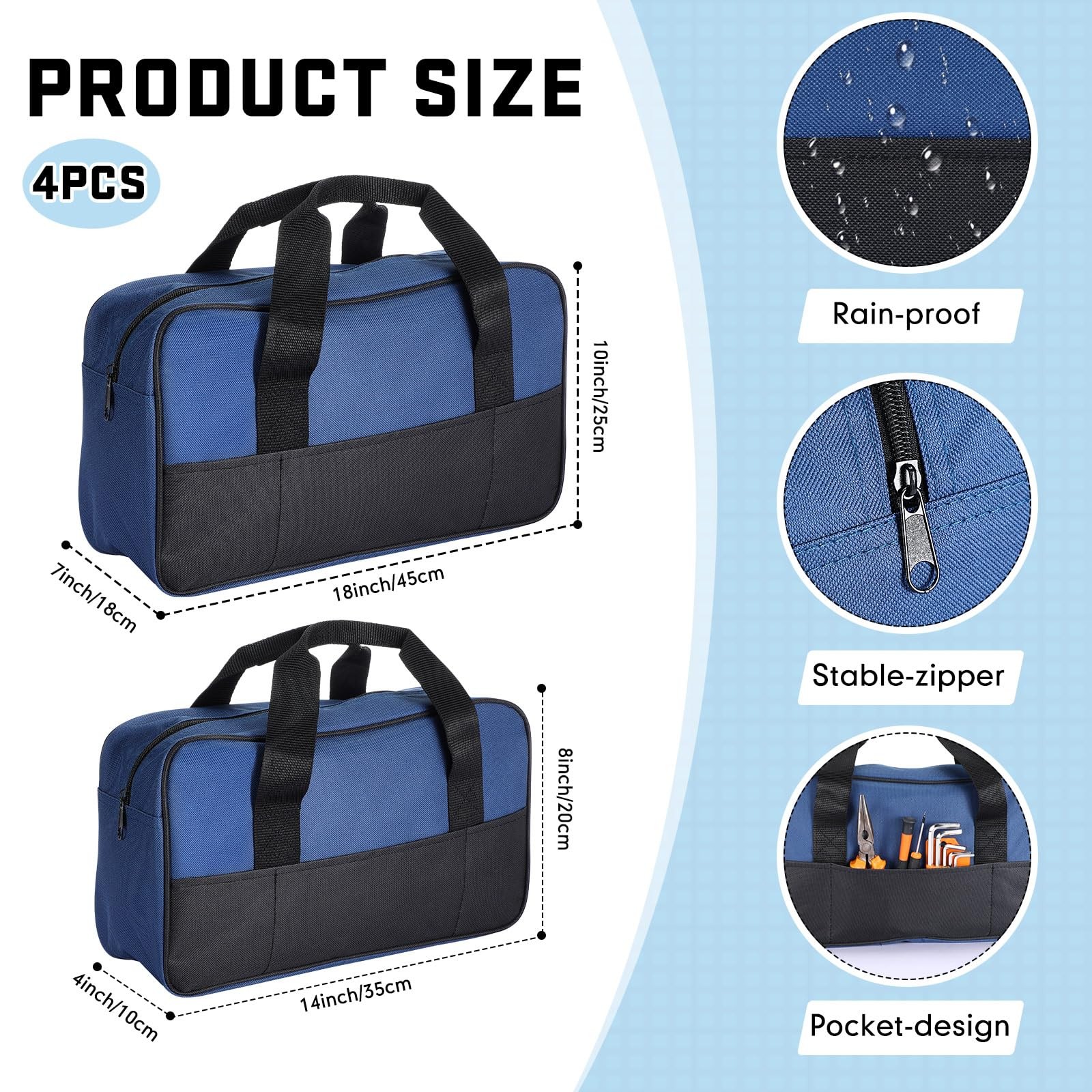 4 PCS Waterproof Heavy Duty Tool Bag Pouch Zipper Tote Electrician Organizer