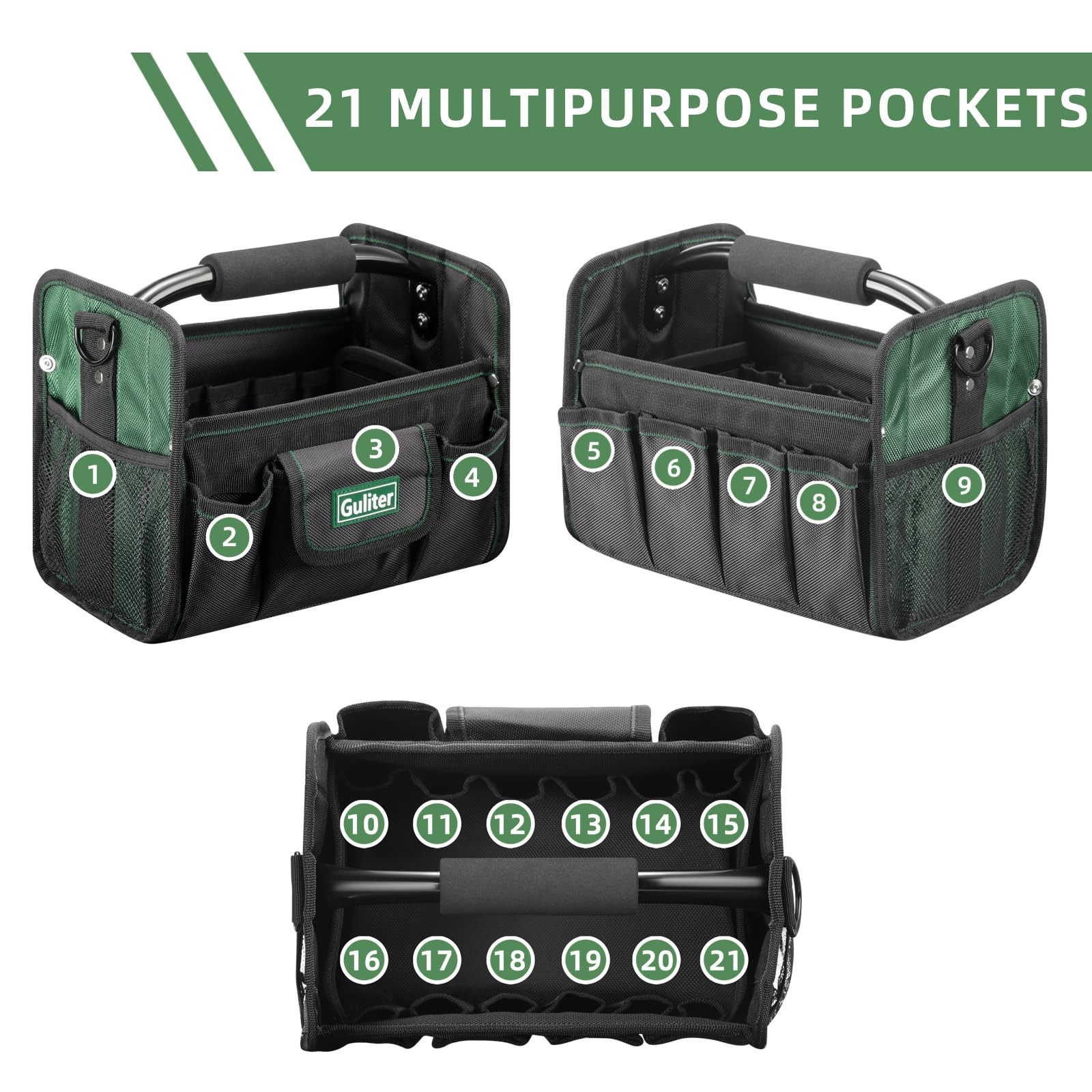 11 Inch Small Tool Bag Open Top Tote Stainless Handle 21 Pockets Electrician