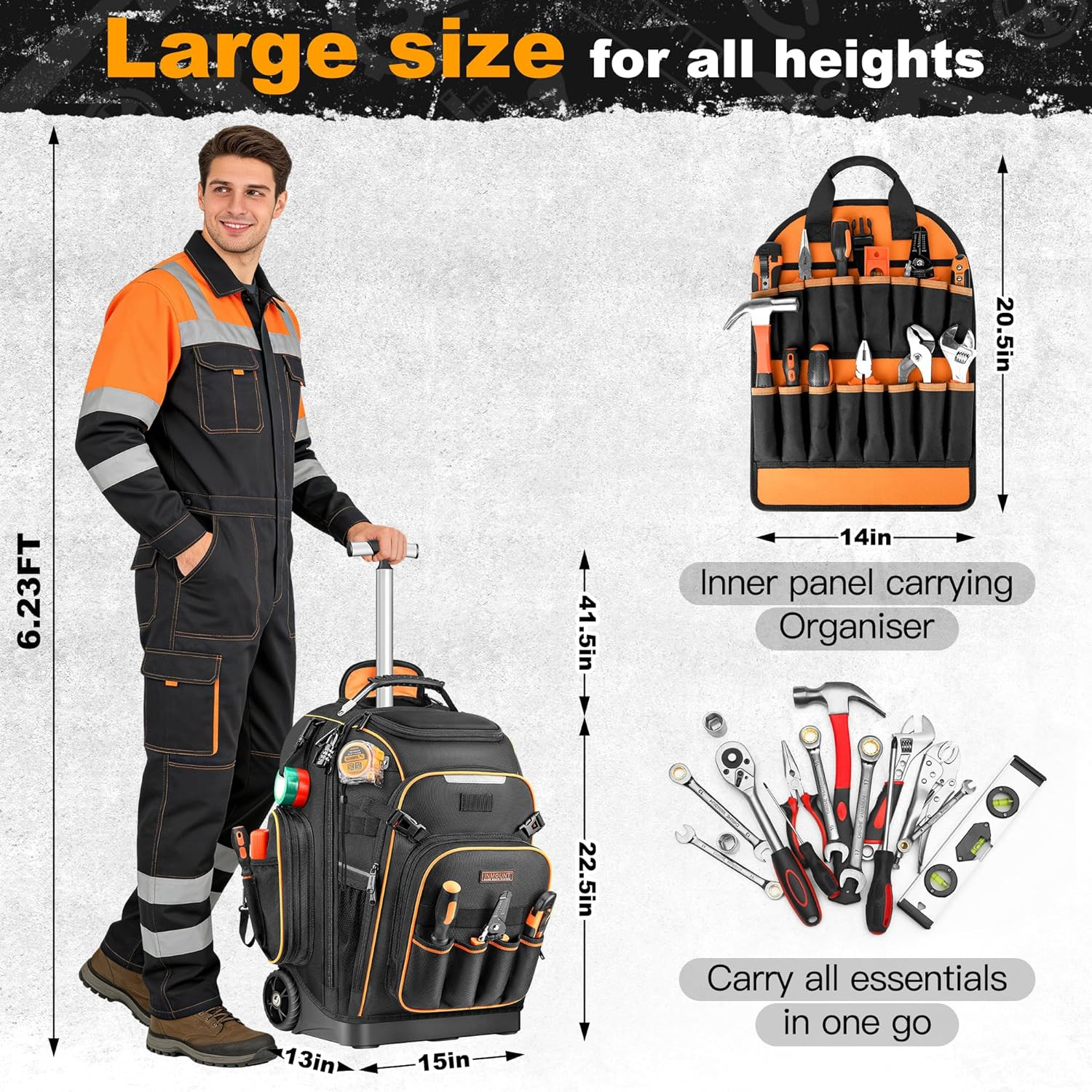 Heavy Duty Rolling Tool Backpack with Wheels & USB Port for Pros