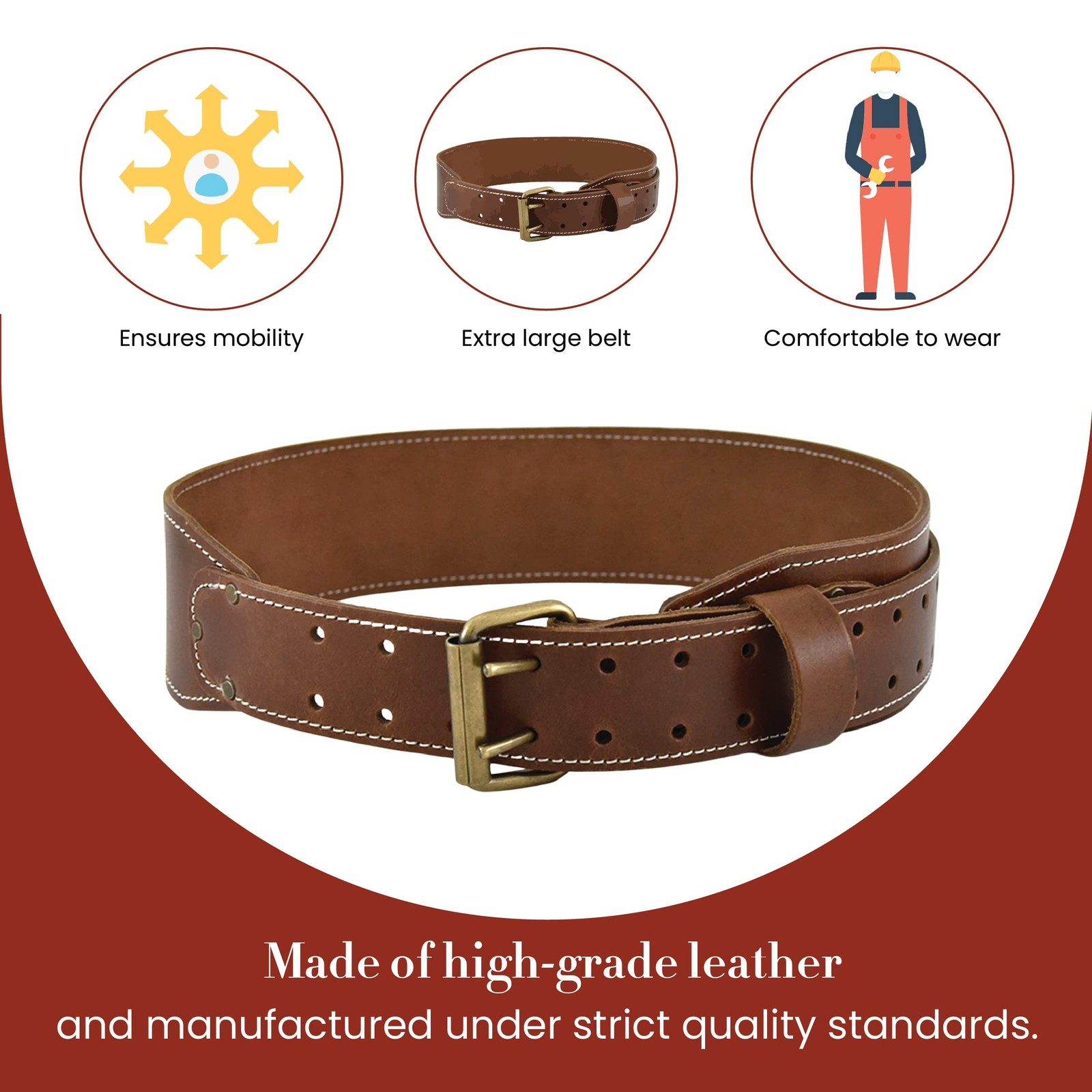 3 Inch Wide Extra Long FullGrain Leather Work Belt Durable Dark Tan 98439