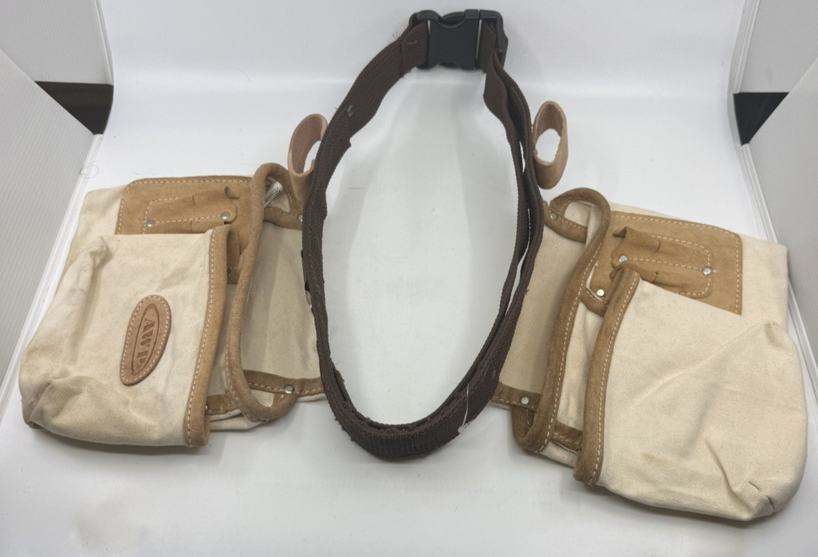 AWP Cotton Canvas & Leather Work Finisher Tool Belt 2 Pouches & 2 Hammer Holders
