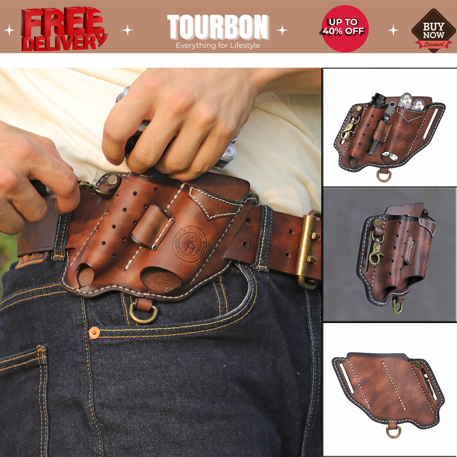 Tourbon Leather EDC Multitool Sheath Flashlight Holder Pen Belt Holster Camping