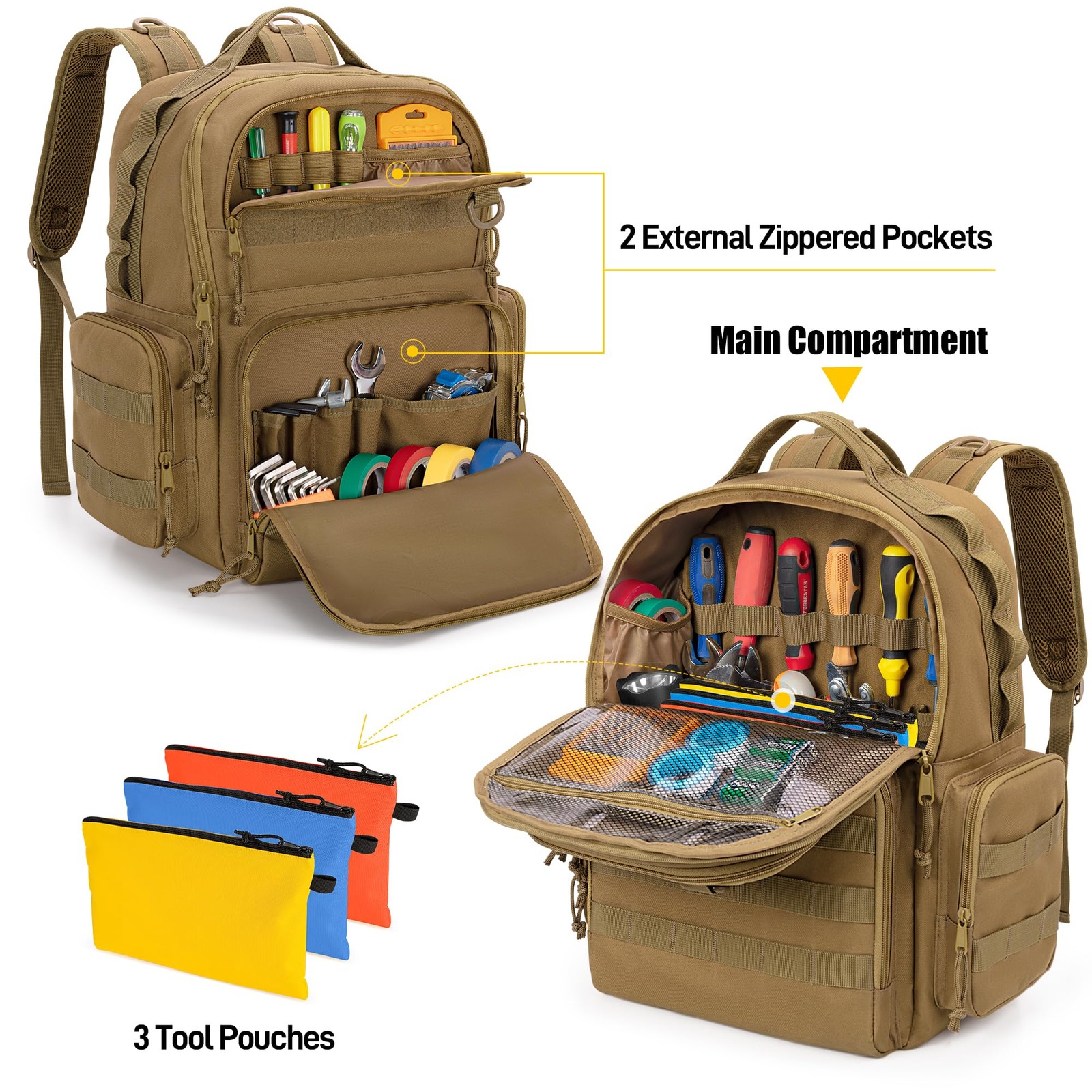 Tool Bag Backpack for Men with 3 Tool Pouches, Heavy-Duty Tool Storage Organi…