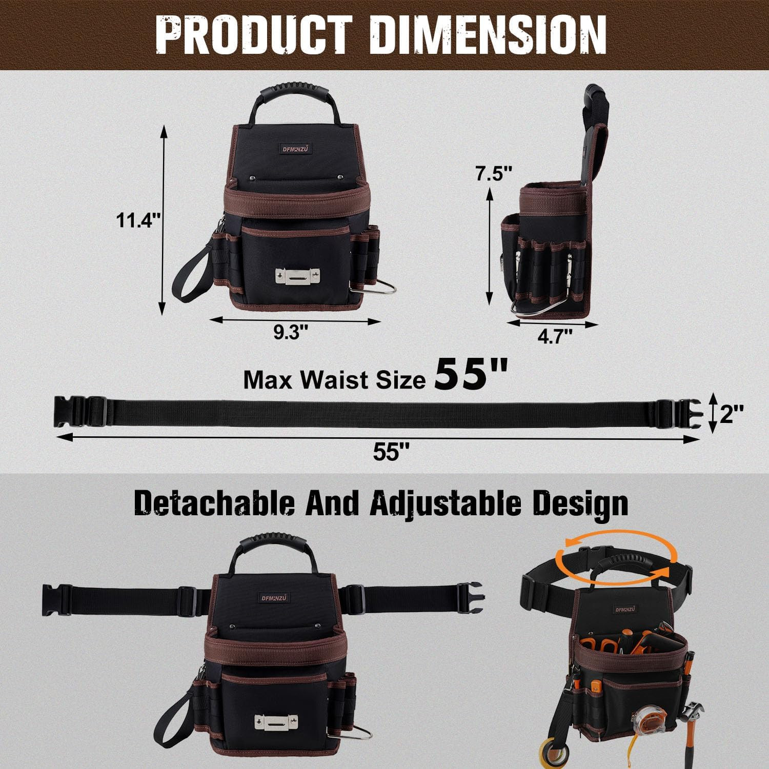 Electrician Tool Pouch, 10 Pockets Tool Belt Pouches with Hammer Holder, Adjusta