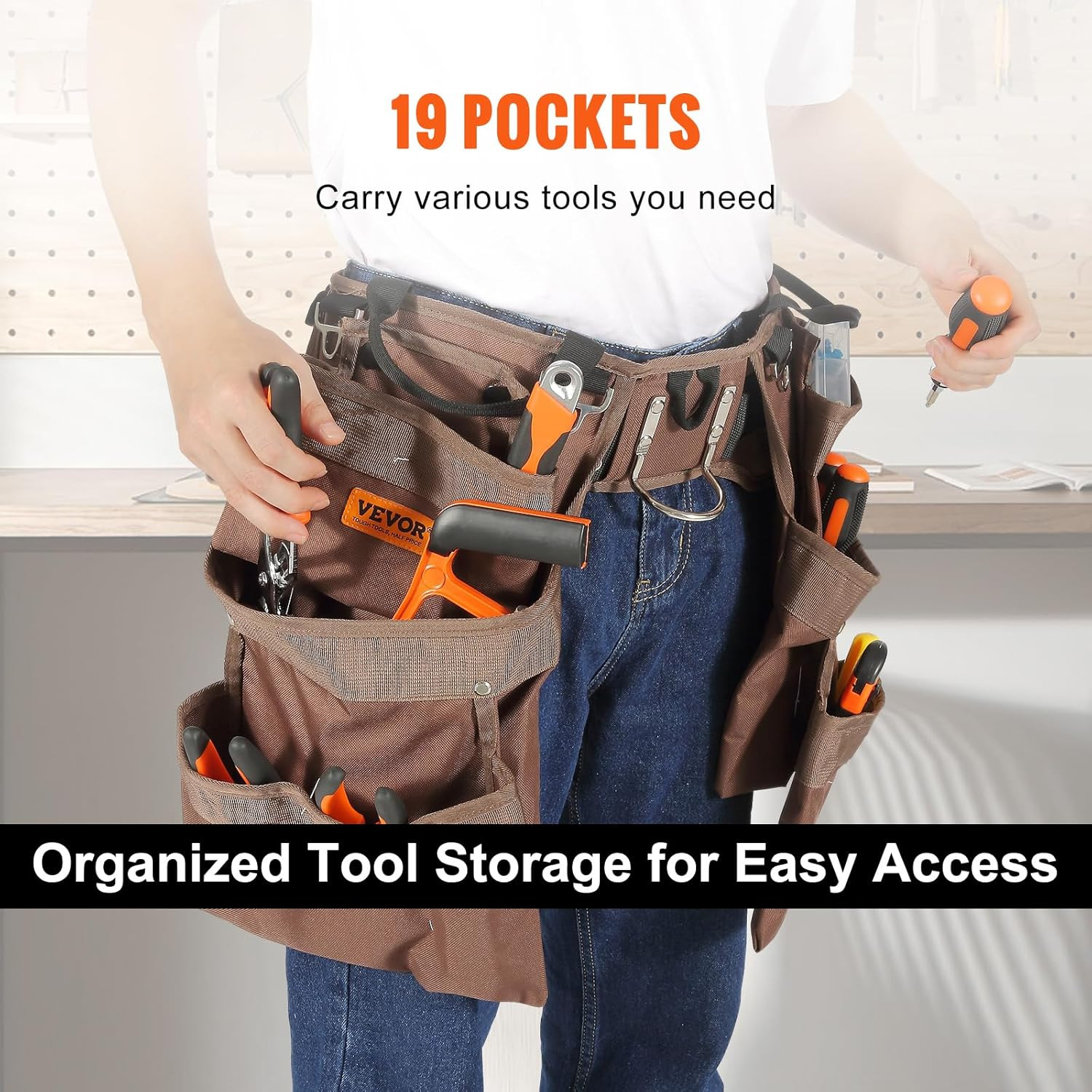 Tool Belt, 19 Pockets, Adjusts from 32 Inches to 54 Inches, Polyester Heavy Duty