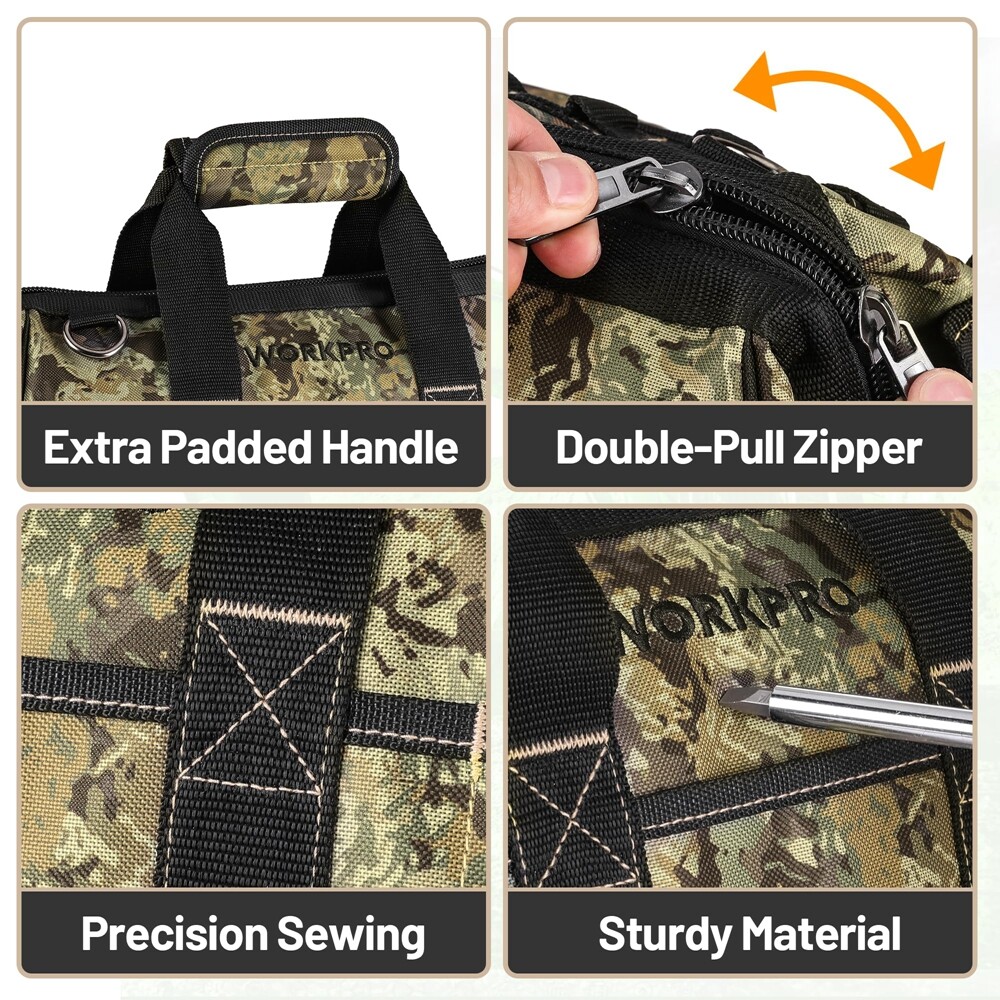 WORKPRO 16″ Wide Mouth Tool Bag w/Adjustable Shoulder Strap Zipper Sturdy Bottom