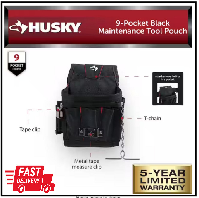 Husky Maintenance Tool Belt Pouch 9-Pocket Polyester Black Back Flap Design