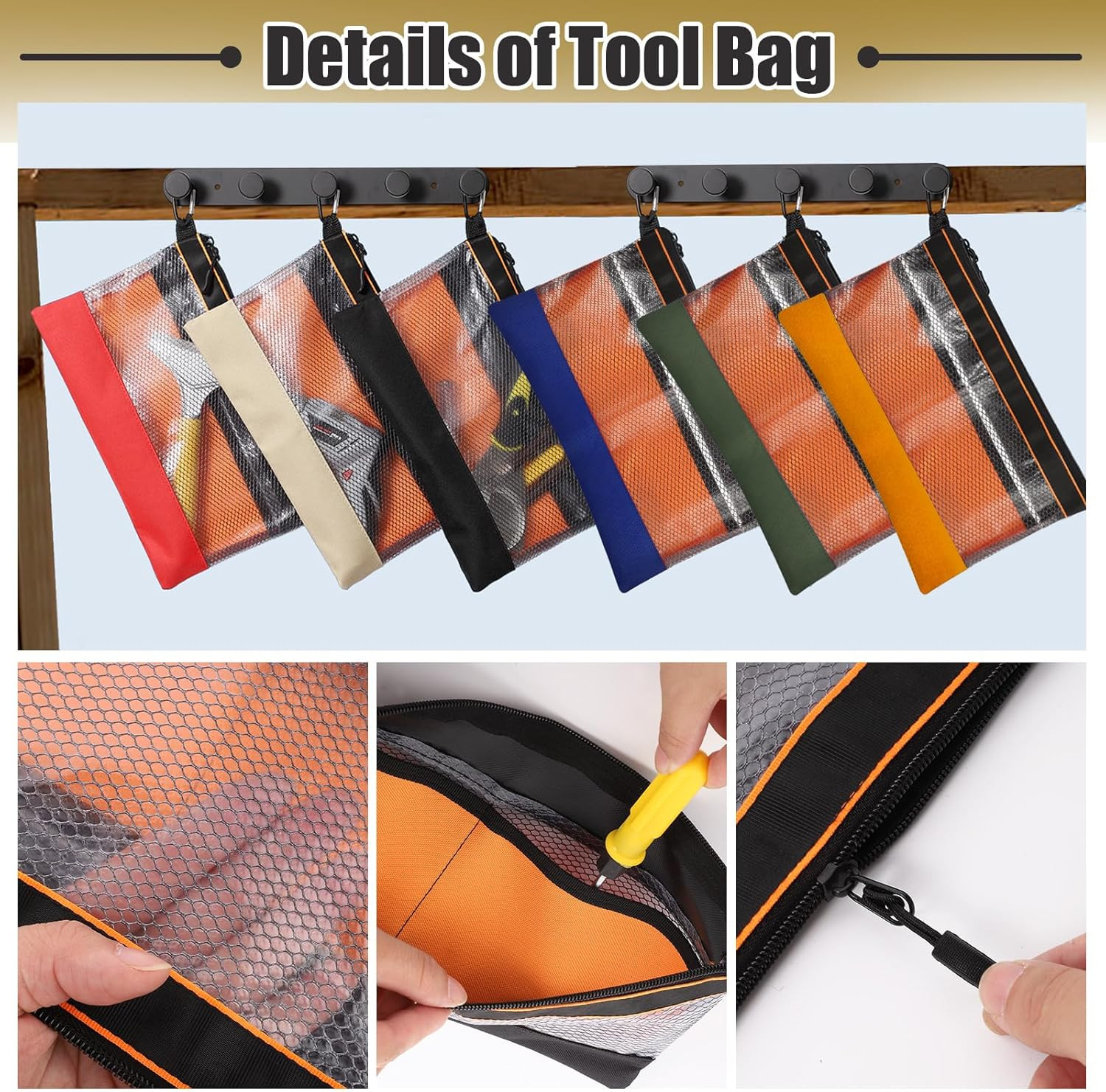 6 Pack Clear Tool Pouch 11.8 Inch Zipper Bags with Heavy Duty Mesh Window