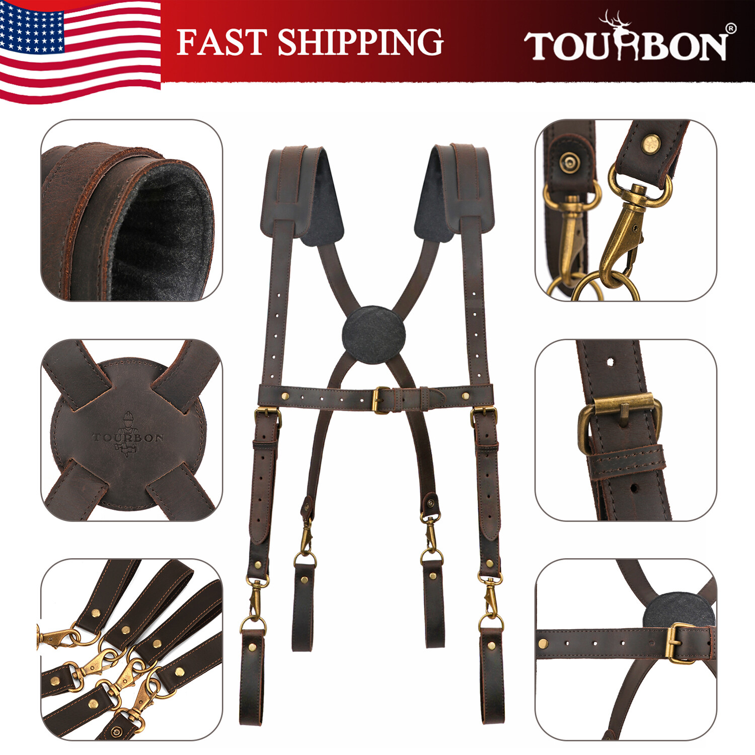 TOURBON Leather Tool Belt Suspenders Carpenter Heavy Duty Workshop Chest Strap