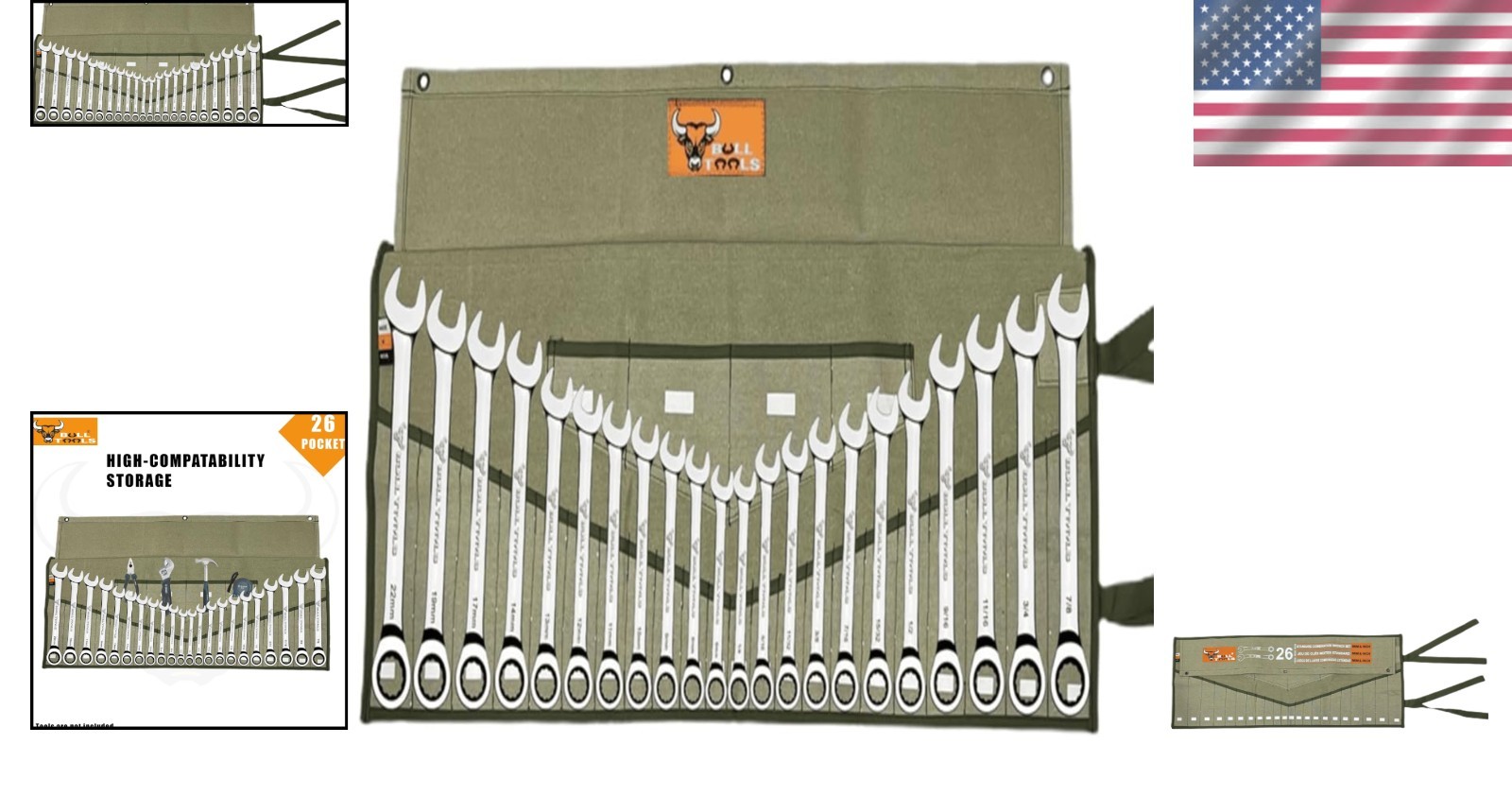 Cotton Canvas Wrench Roll Organizer, 26-Pocket Tool Pouch