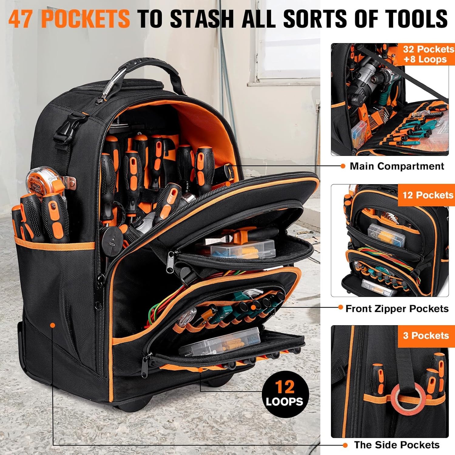 AUROPEAK 2-In-1 Rolling Tool Backpack, Heavy Duty, 47 Pockets, 1680 D, w/ Wheels