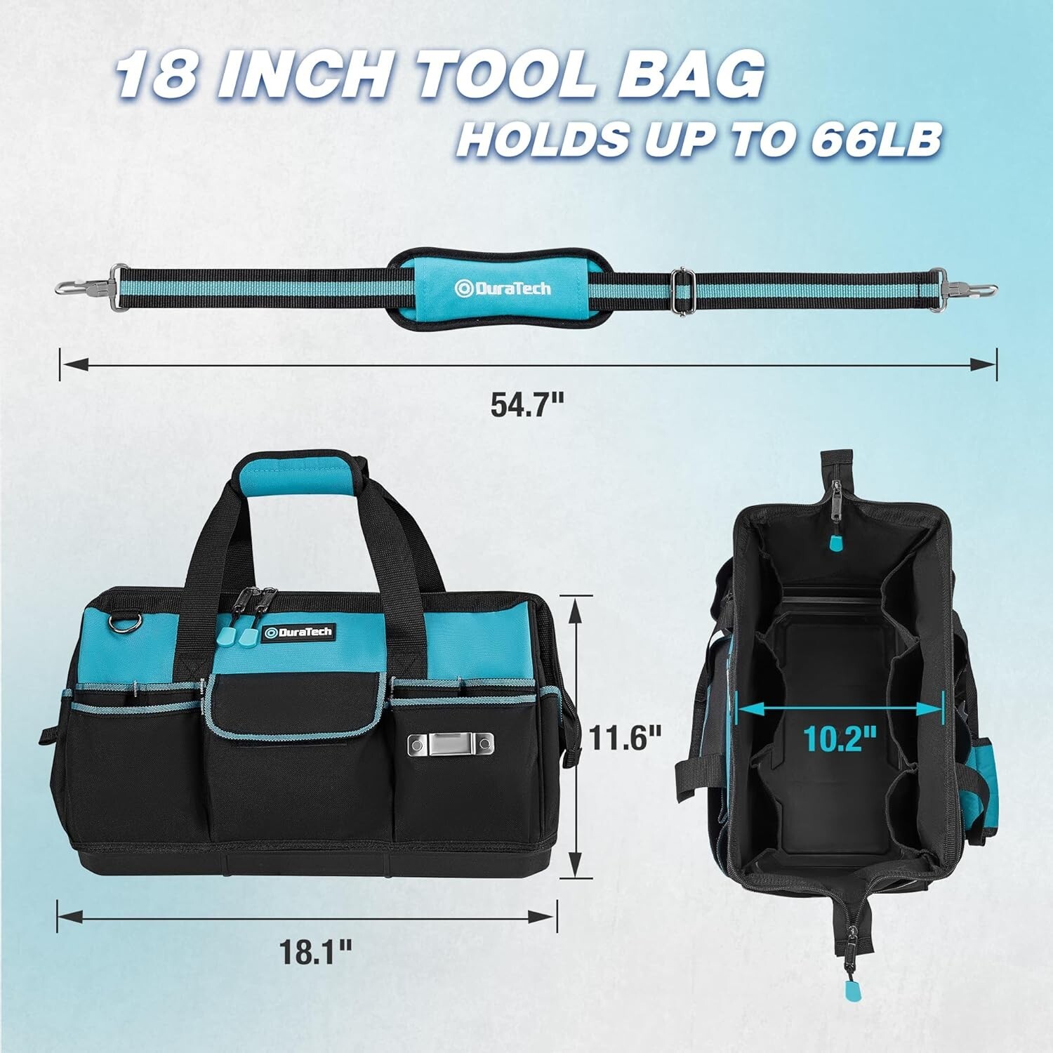 18Inch Large Tool Bag w/Waterproof Hard Bottom Heavy Duty w/19 Pockets Polyester