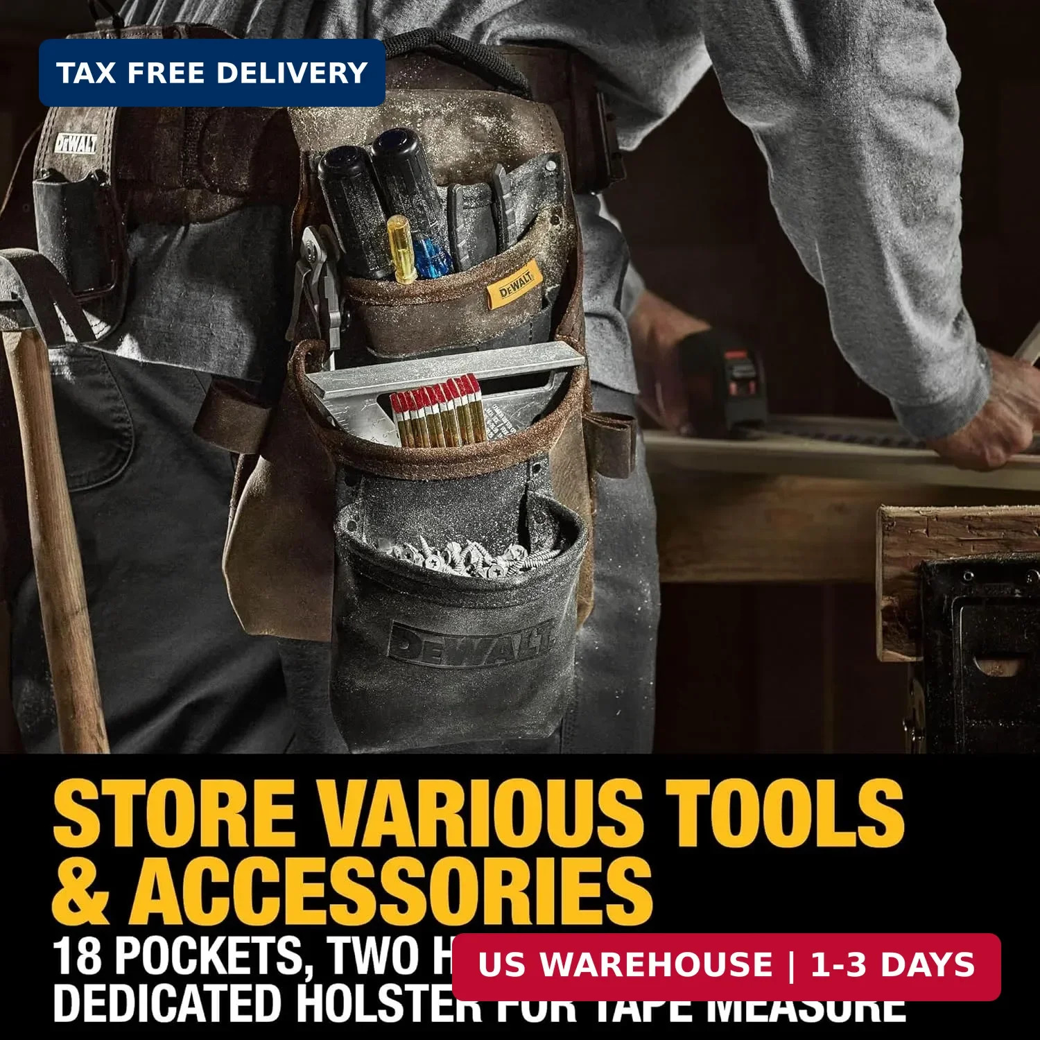 DEWALT Leather Tool Belt Organizer with 18 Pockets, Heavy Duty Construction (DWS