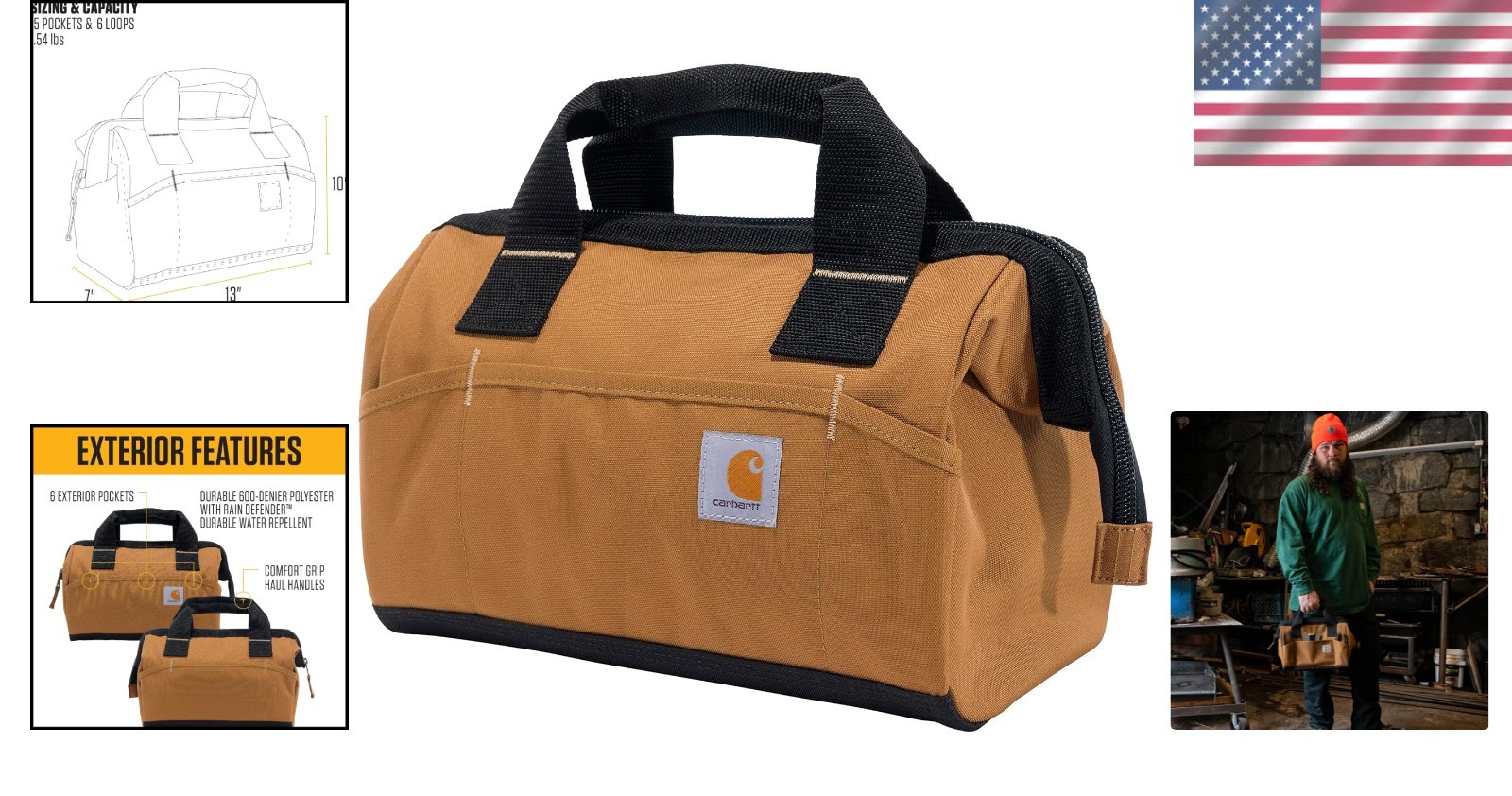 Brown Utility Tool Bag, 13-Inch | 15 Pockets, Lightweight and Water-Repellent