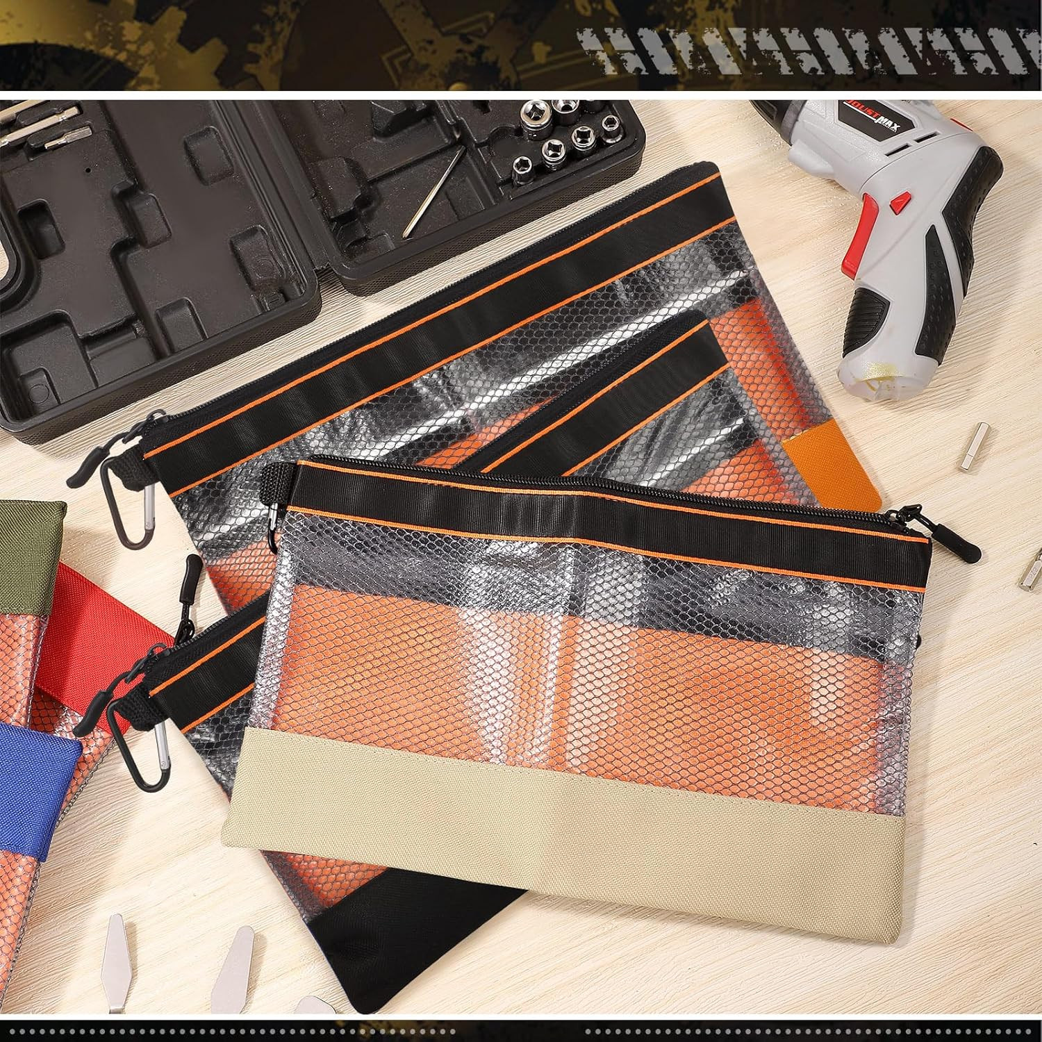 6 Pack Clear Tool Pouch 11.8 Inch Zipper Bags with Heavy Duty Mesh Window