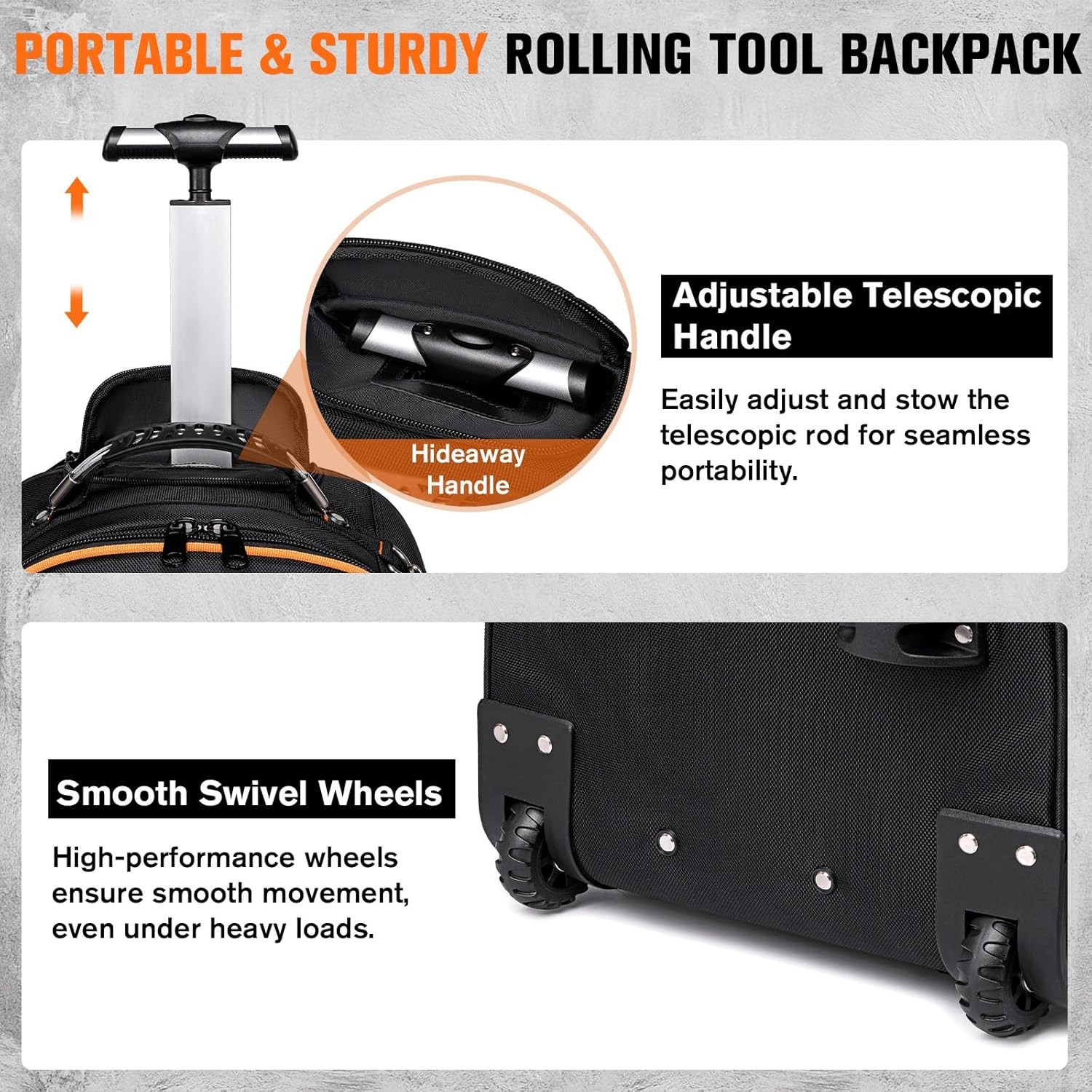 AUROPEAK 2-In-1 Rolling Tool Backpack, Heavy Duty, 47 Pockets, 1680 D, w/ Wheels
