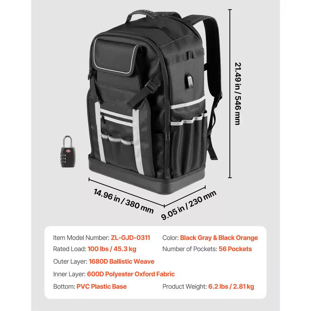 Tool Backpack, 56 Pockets, Heavy-Duty Tools Storage Organizer Bags with Molded B