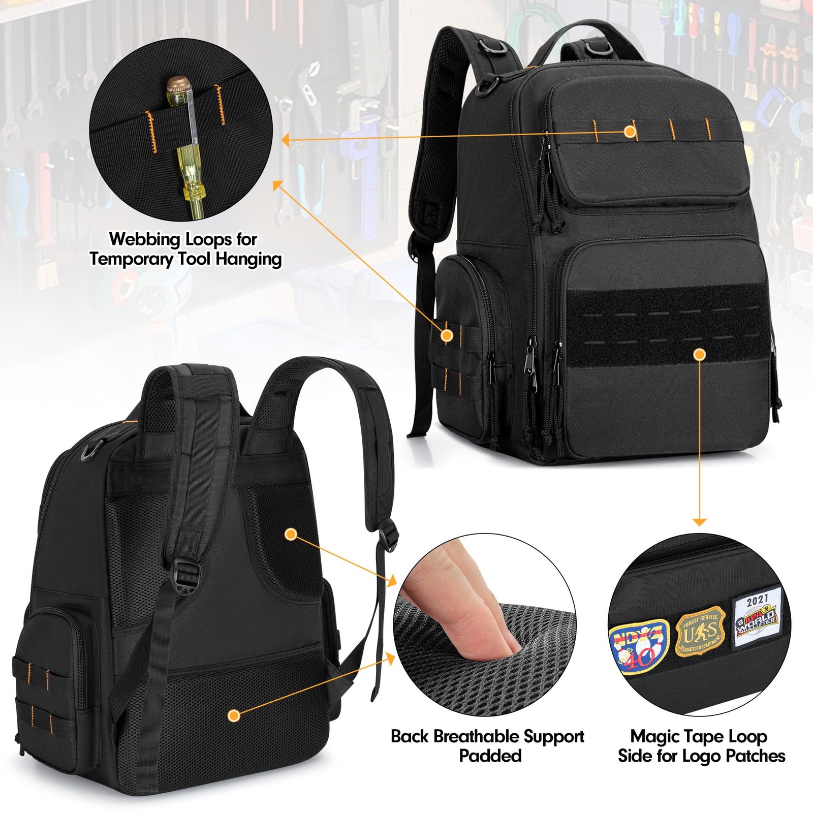 Organizer Bag Tool Backpack 3 Tool Pouches Tactical Storage Heavy Duty PVC Black