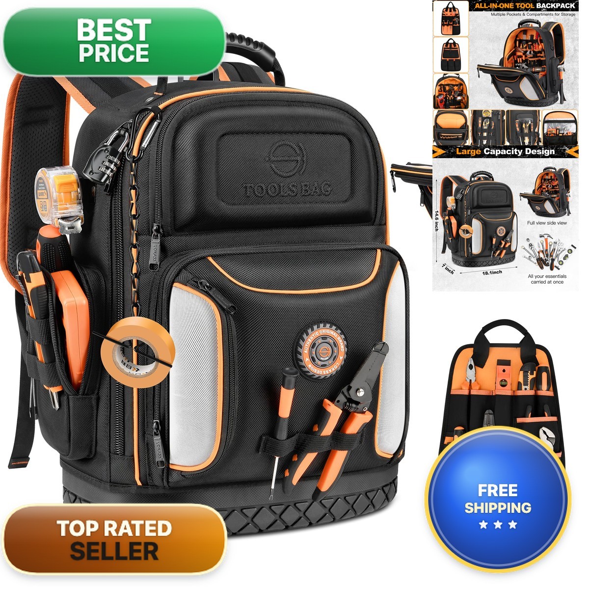 LOKASS 8505 Tool Bag Backpack Large 75 Pockets Molded Base Combination Lock