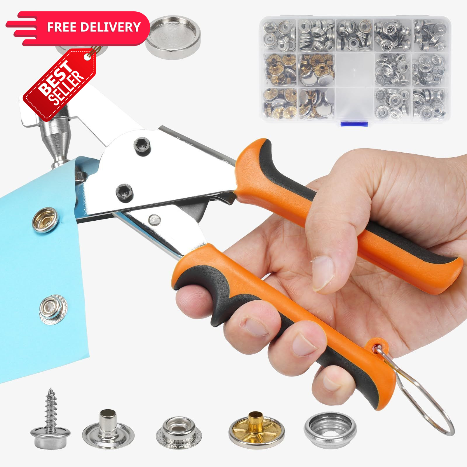 Heavy Duty Snap Fastener Tool Kit with 150 Sets Metal Snaps, orange