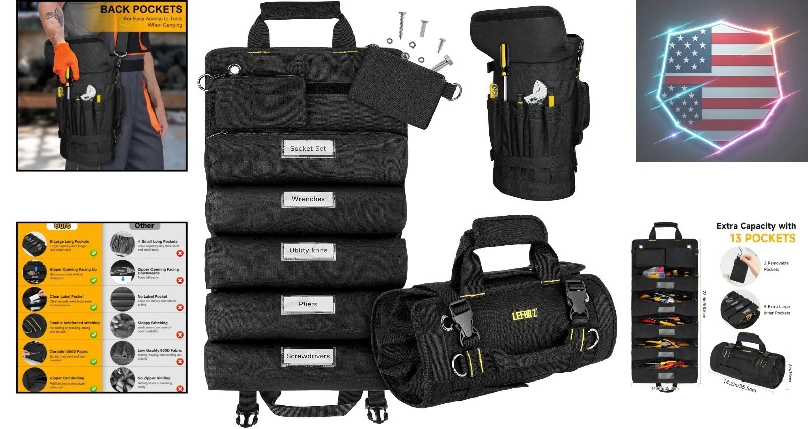 Tool Bag,Large Roll Up Tool Bag Organizer,13 Pockets Tool Roll Storage Pouch,..-