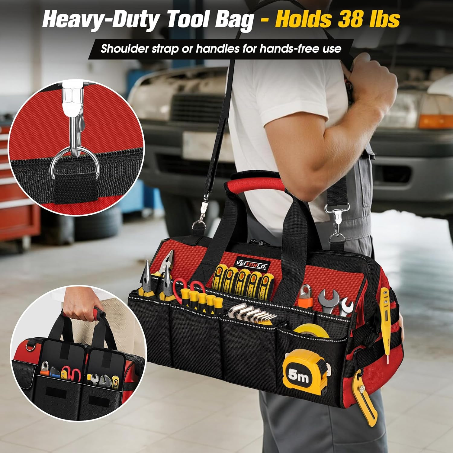16-Inch Heavy Duty Tool Bag, 19-Pockets Tool Box Organizer, Portable Toolbag W/S