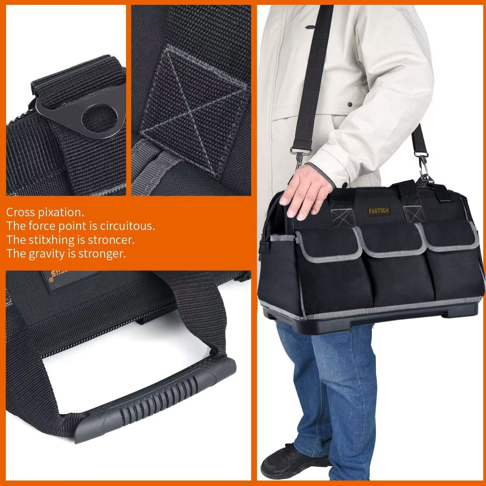 FASTECH 22-inch Wide Mouth Tool Bag 22 inch-Grey-With Bottom Shell, Black
