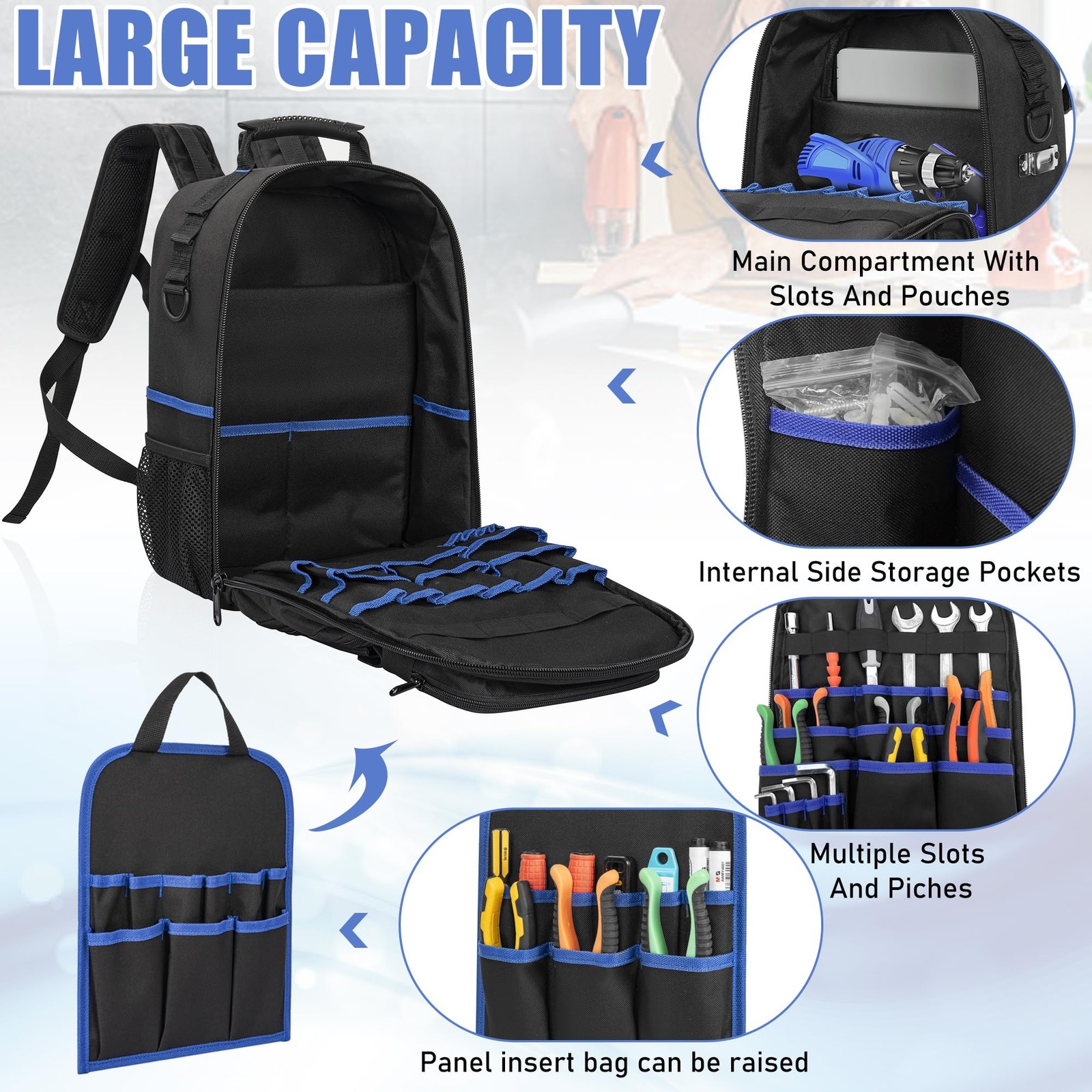 LASUK Heavy Duty Backpack Tool Bag, Water-resistant Black&Blue