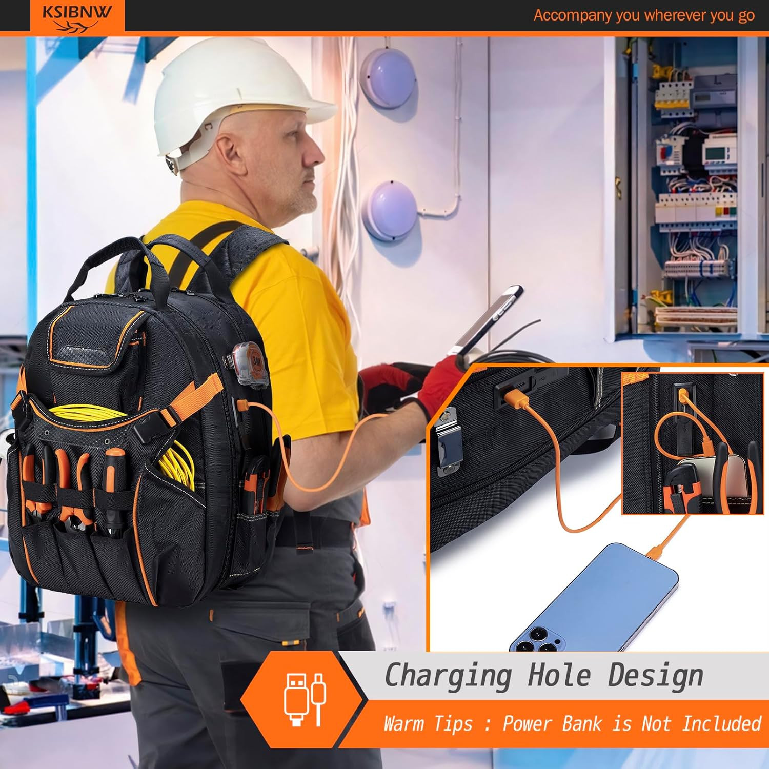 Durable Tool Backpack with 45 Pockets & Laptop Compartment – Black/Orange
