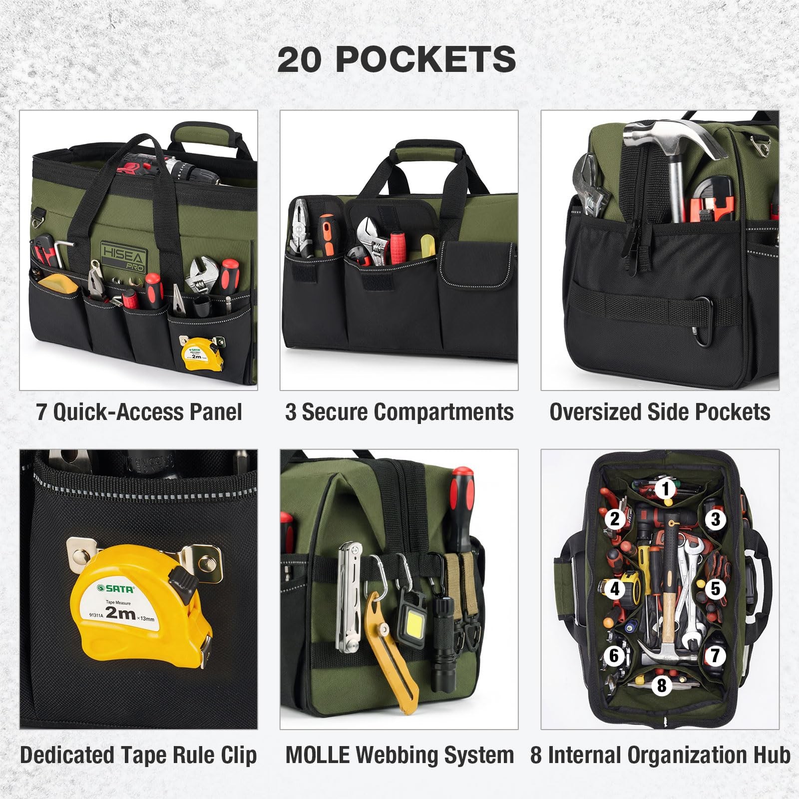 HISEA Heavy Duty Tool Bag 20 Pockets, 16Inch Portable Tool Box Organizer