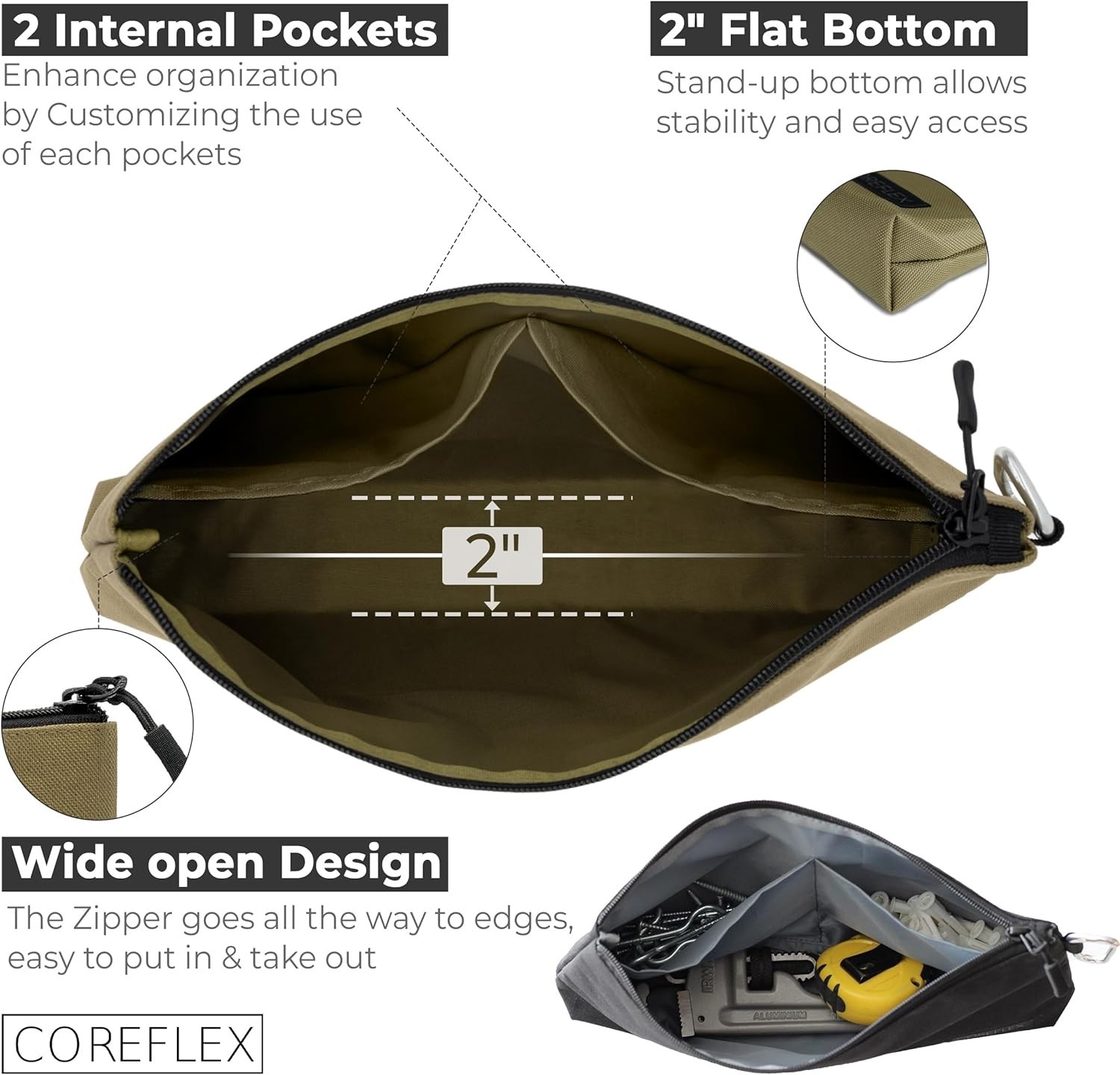 Flat Bottom Canvas Tool Pouch – Large 12-Inch Zipper Bag for Tools & Accessories
