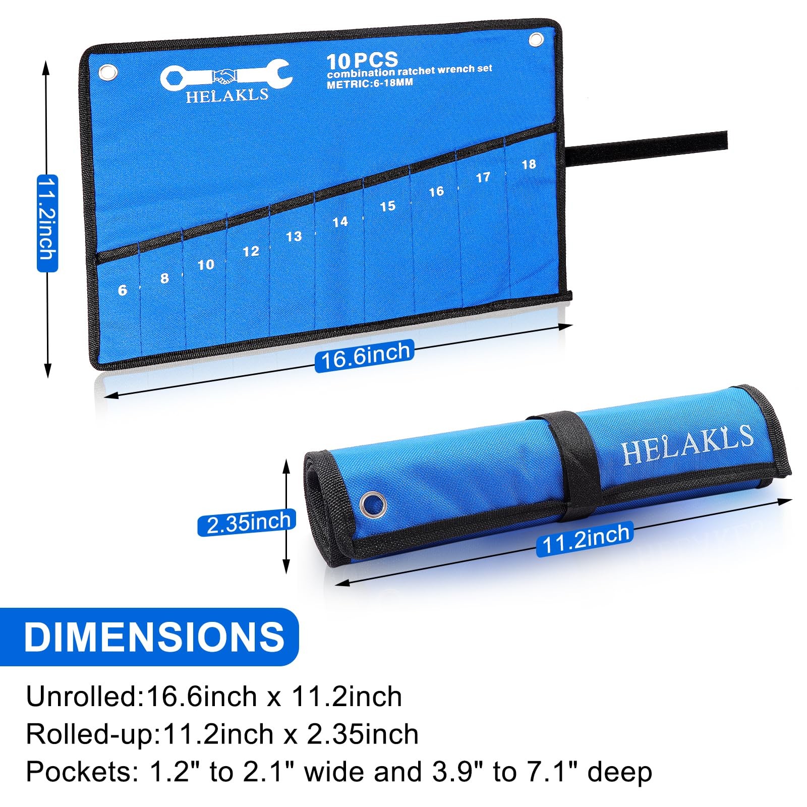 HELAKLS 2 Pieces Wrench Tool Roll Up Pouch (10 Pockets SAE+ 10 Blue