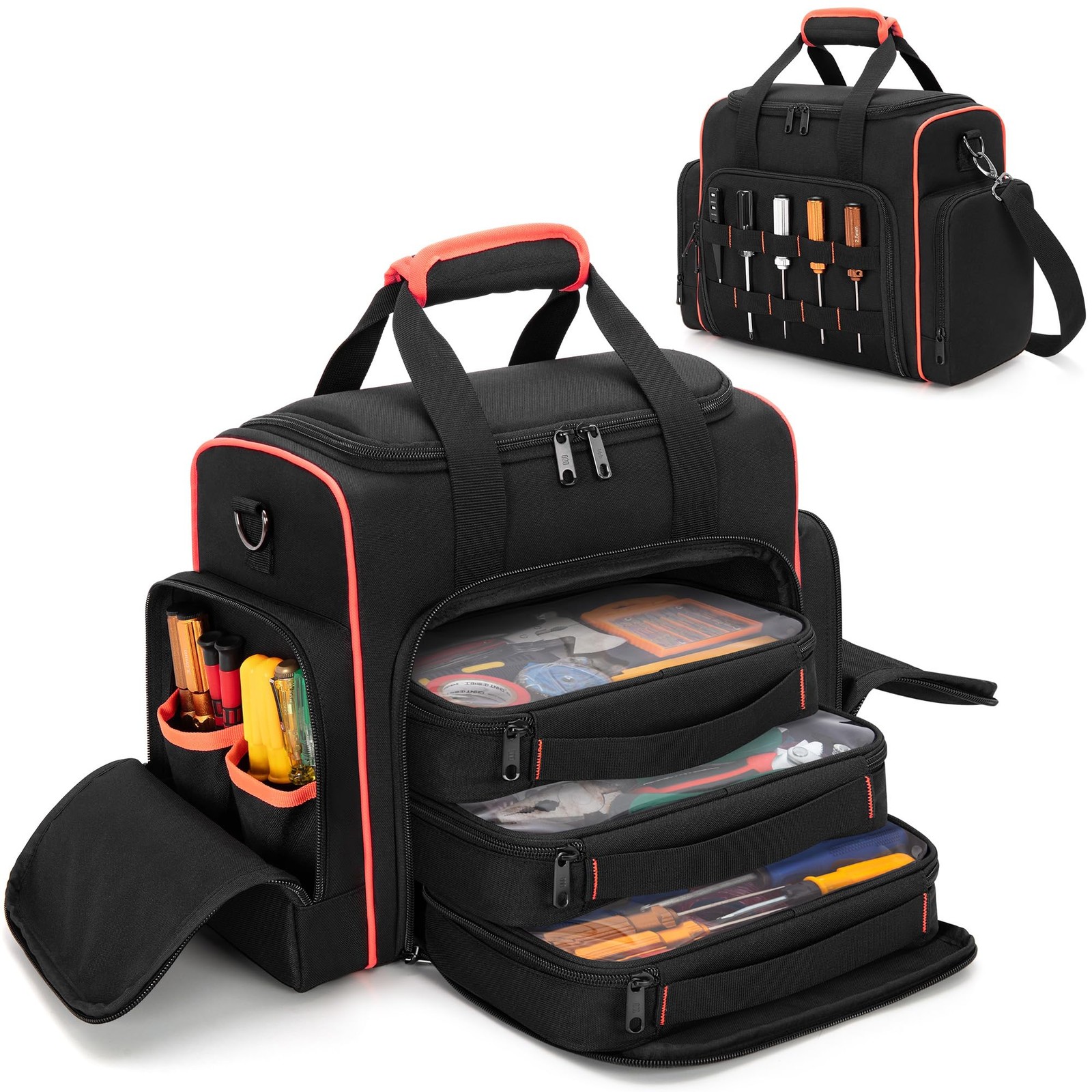 Tool Bag 3 Removable Cases 2 Layers Tote Hand Tools Black Red Binding Carrier