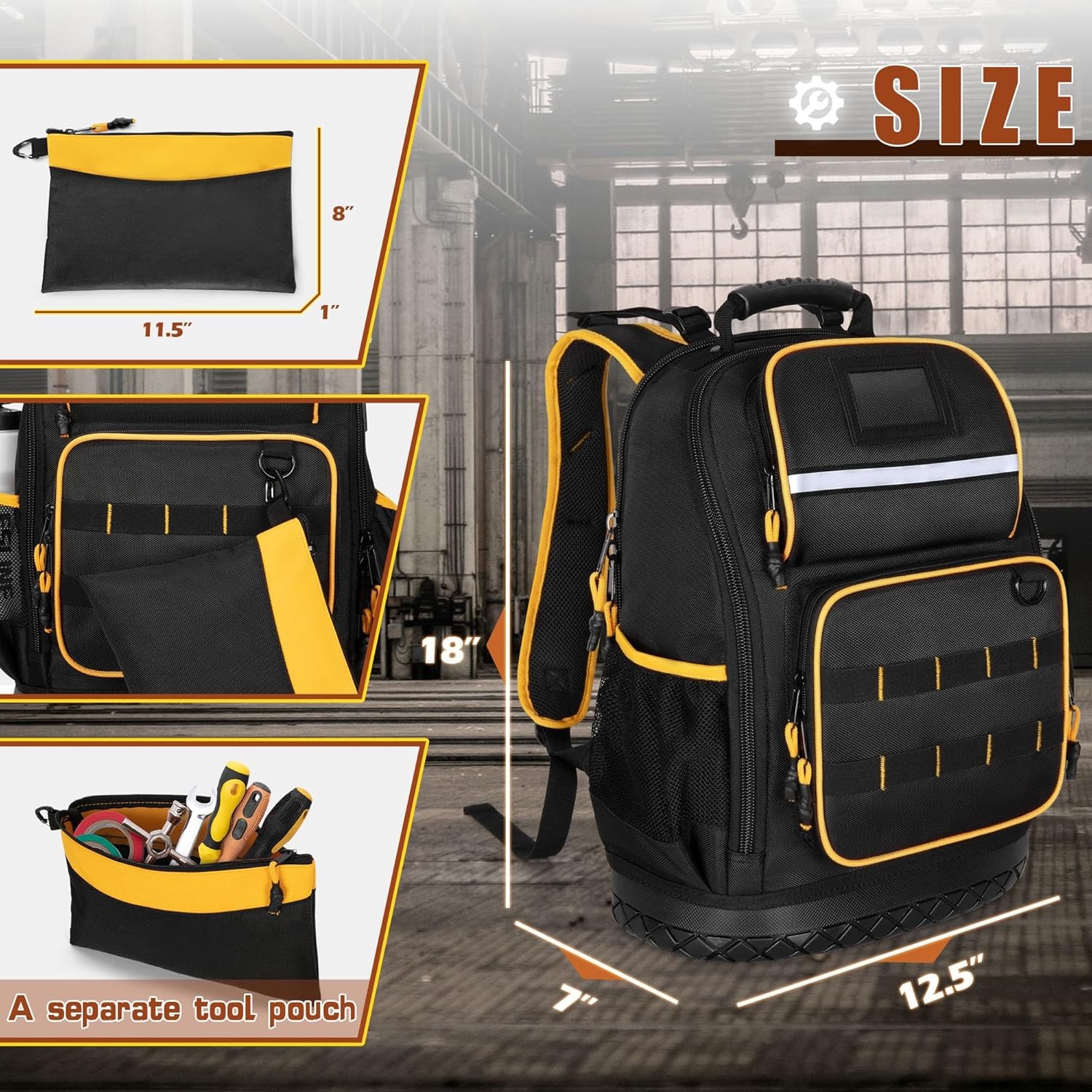 Tool Backpack with Hard Bottom and a Tool Pouch, Heavy Duty Tool Bag