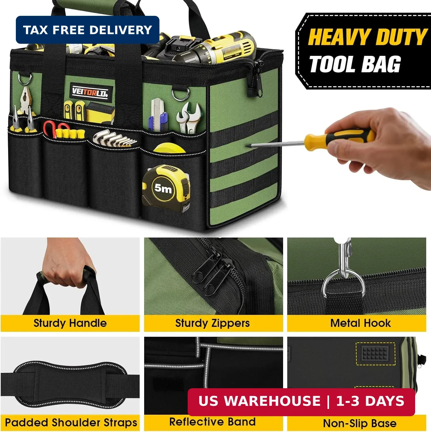 18-Inch Heavy Duty Tool Bag, 19-Pockets Tool Box Organizer, Portable Toolbag W/S