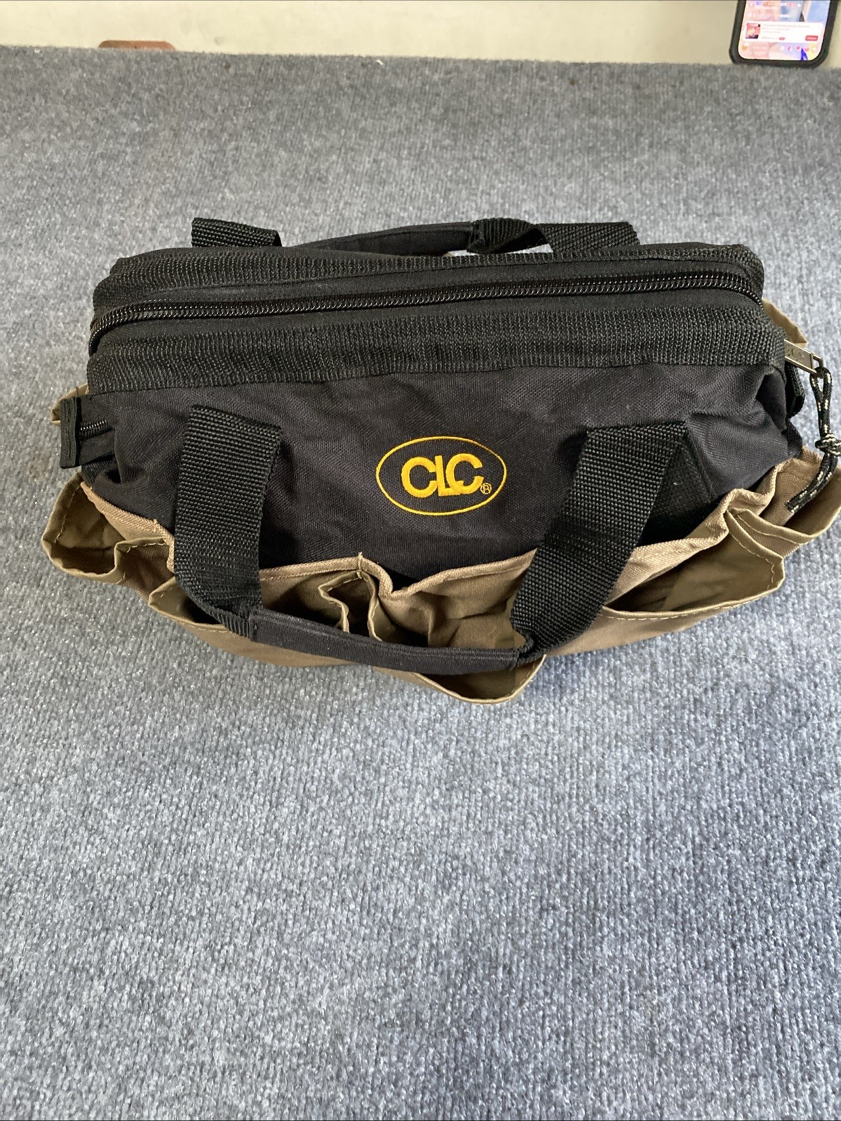 CLC Custom LeatherCraft Tool Bag Tote Black Tan Zippered Multi Pocket Work Gear