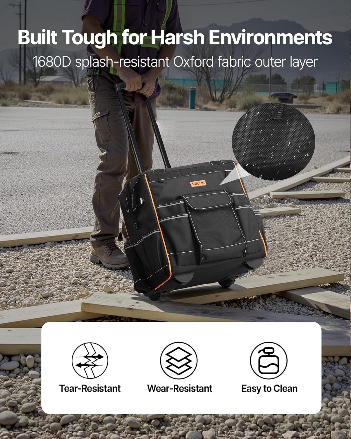 15-Inch Heavy Duty Rolling Tool Bag with 110 lbs Capacity & 25 Pockets