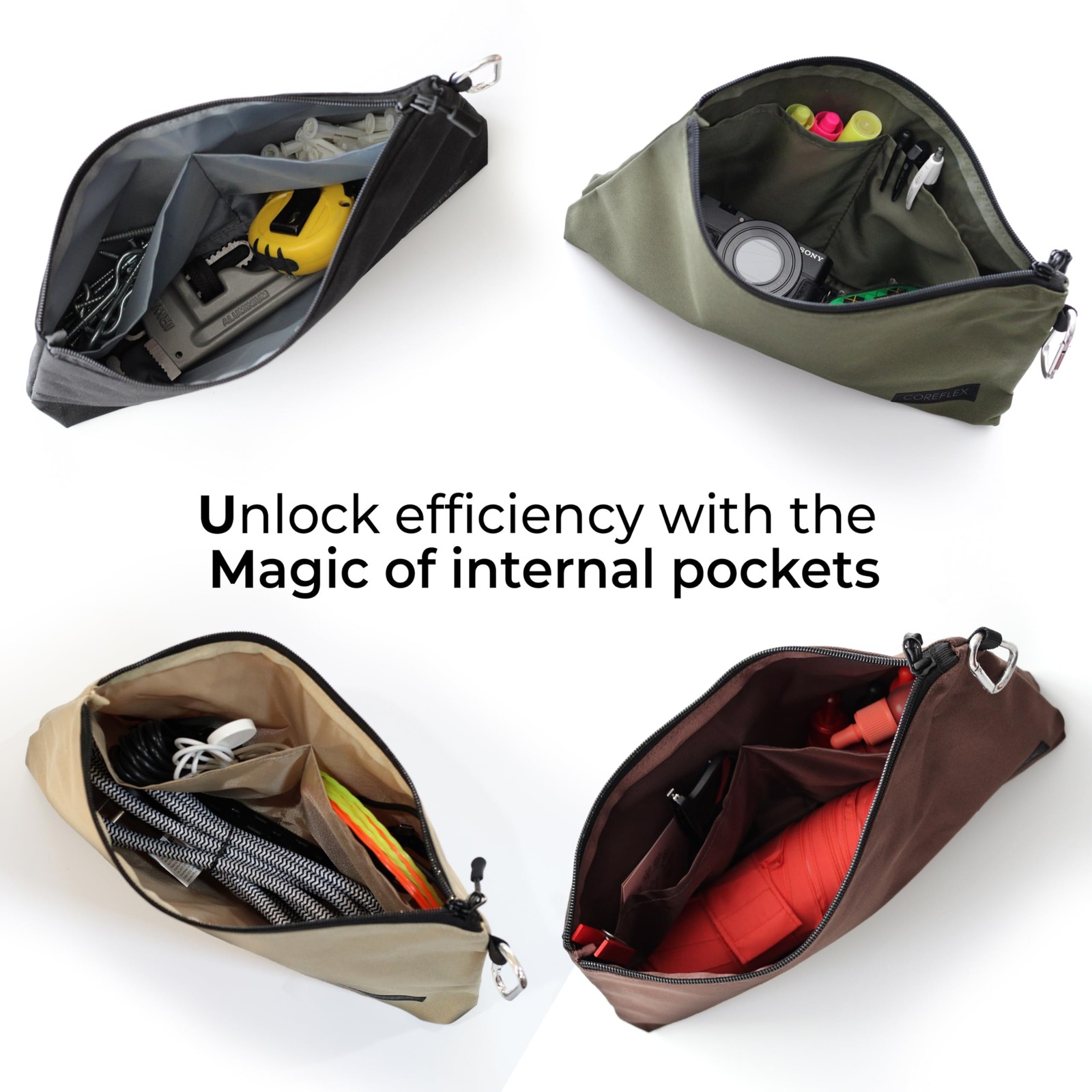 COREFLEX Premium Tool Pouch 6 pack Combo mixed size Black &Grey, black, grey