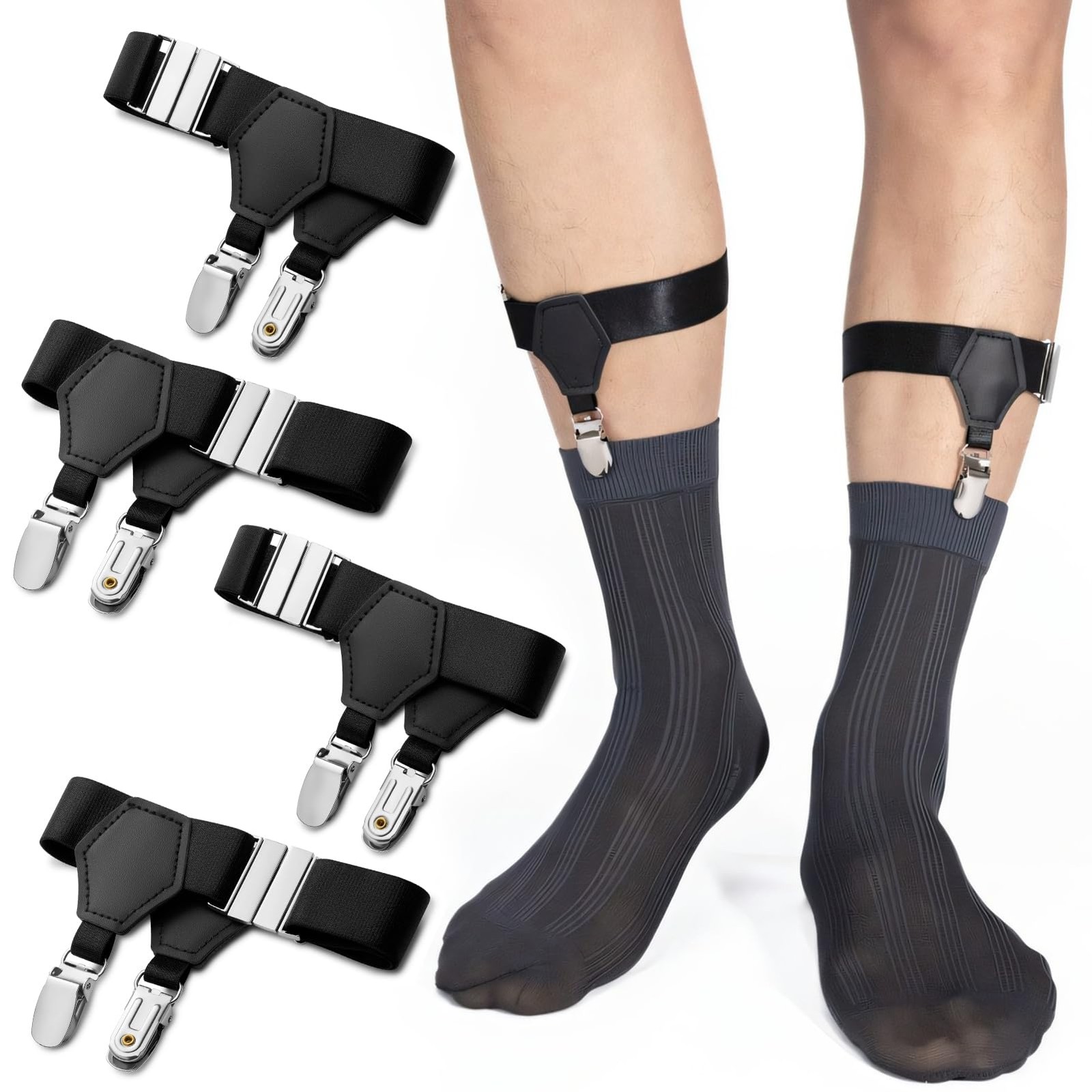 STAY GENT 2 Pairs Men’s Suspenders, 4 Pcs Sock Garters One Size, Coal Black