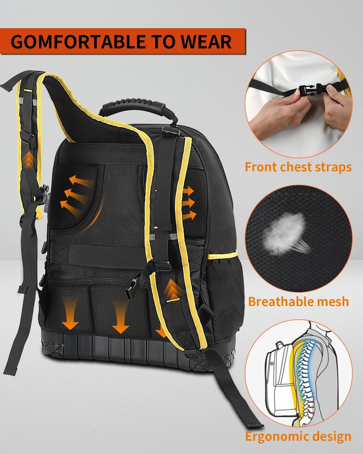 Tyxauk Heavy Duty Tool Backpack w/ Laptop Compartment, Hard Bottom & Tool Pouch
