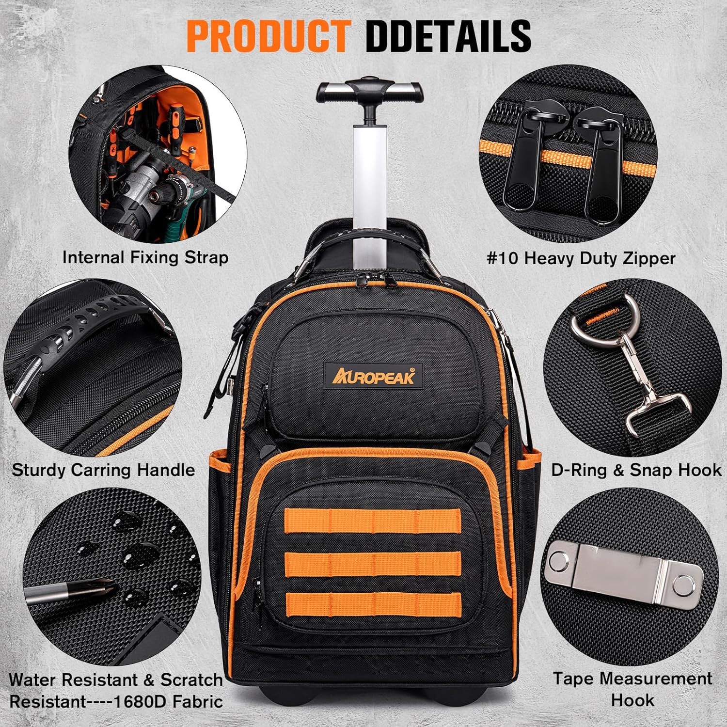 AUROPEAK 2-In-1 Rolling Tool Backpack, Heavy Duty, 47 Pockets, 1680 D, w/ Wheels