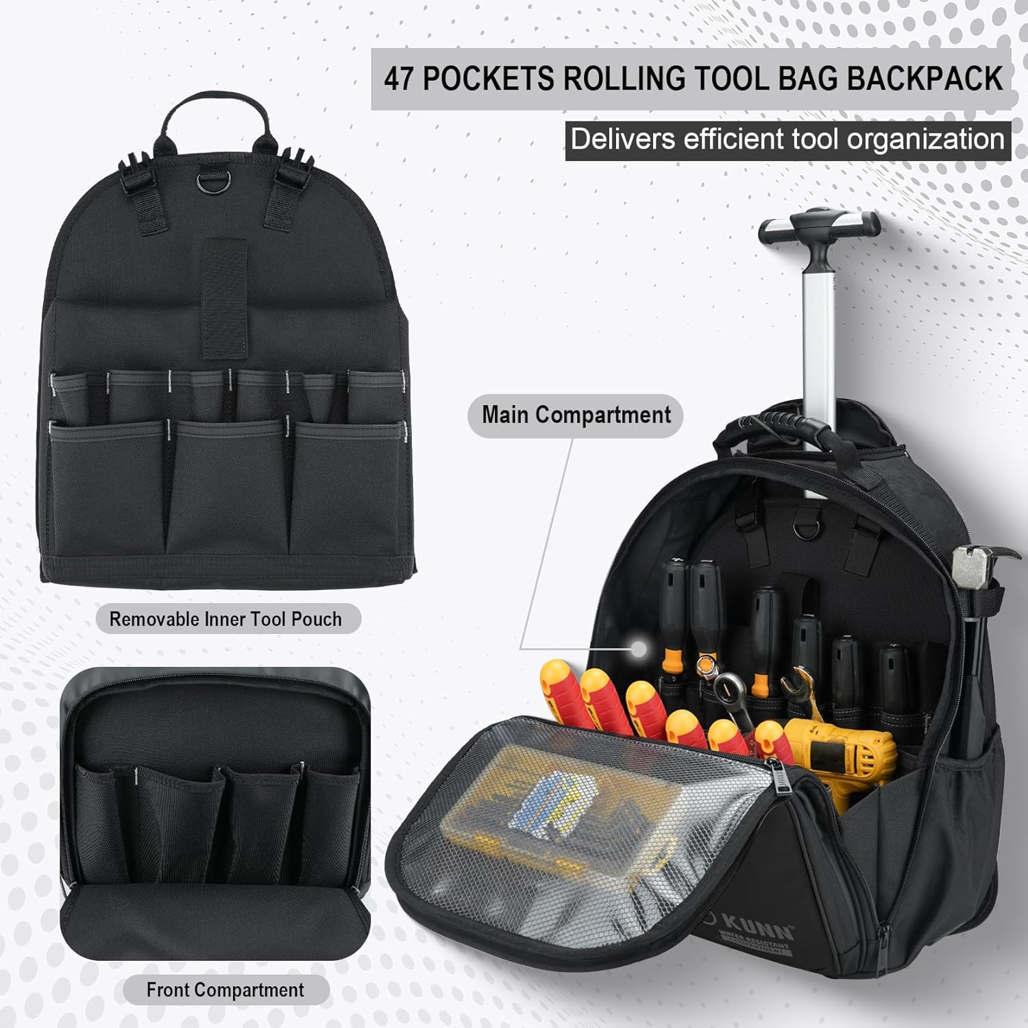 Waterproof Heavy Duty Rolling Tool Backpack with 47 Pockets – Black
