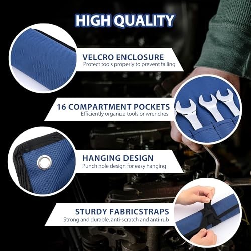 Wrench Roll Organizer 16 Pockets Waterproof 600D Oxford Fabric Tool Bag