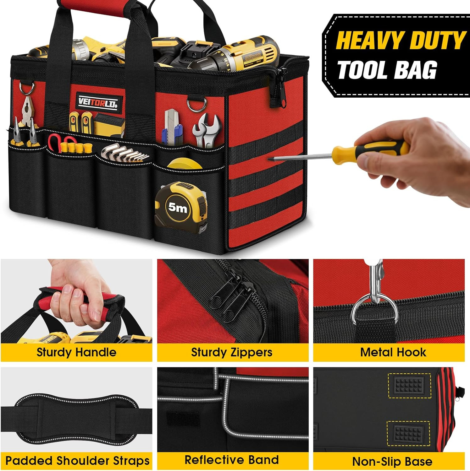 16-Inch Heavy Duty Tool Bag, 19-Pockets Tool Box Organizer, Portable Toolbag W/S