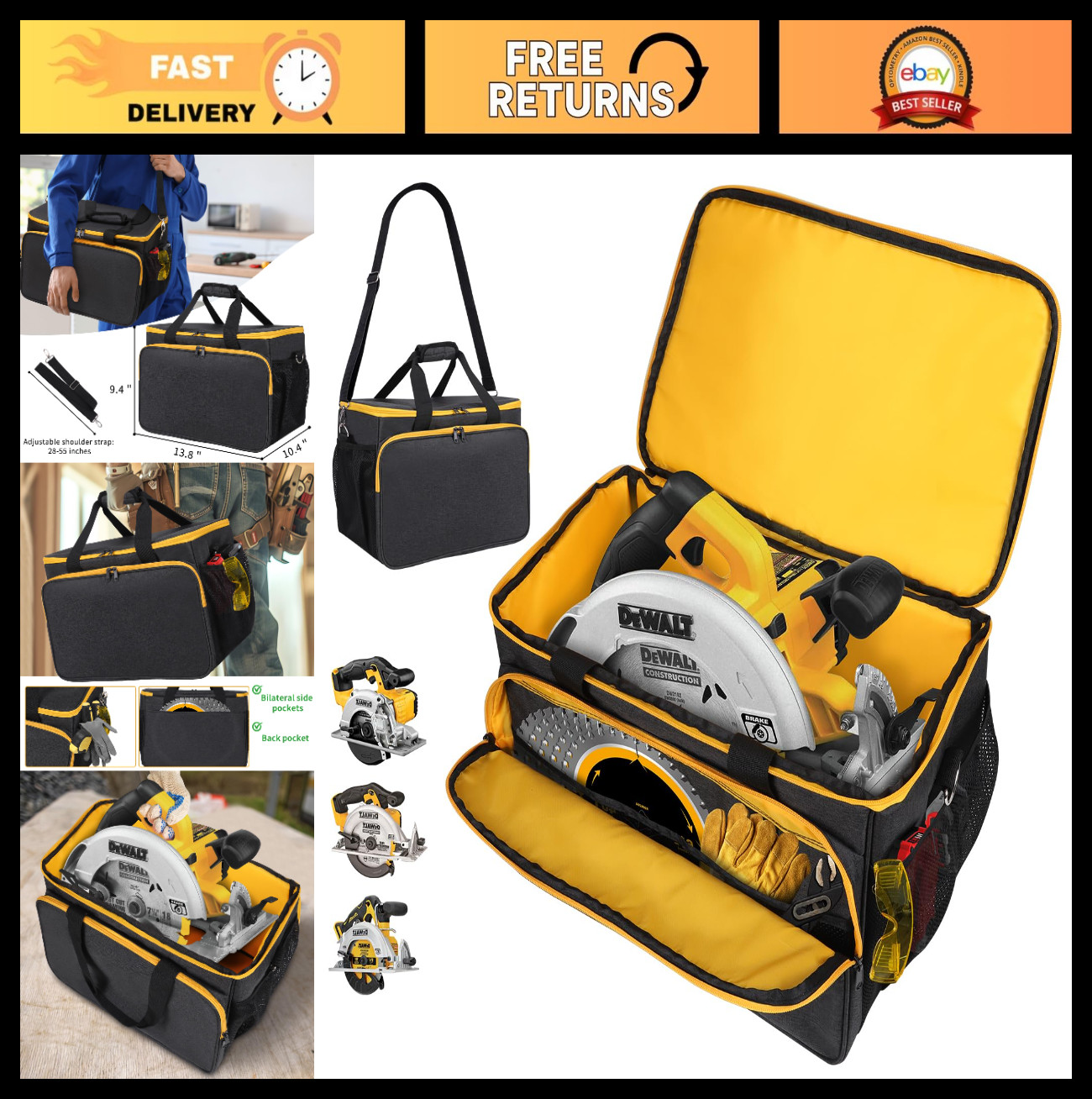 Portable Carry Bag for 20V MAX Circular Saws – Multi-Pocket Tool Case, Black