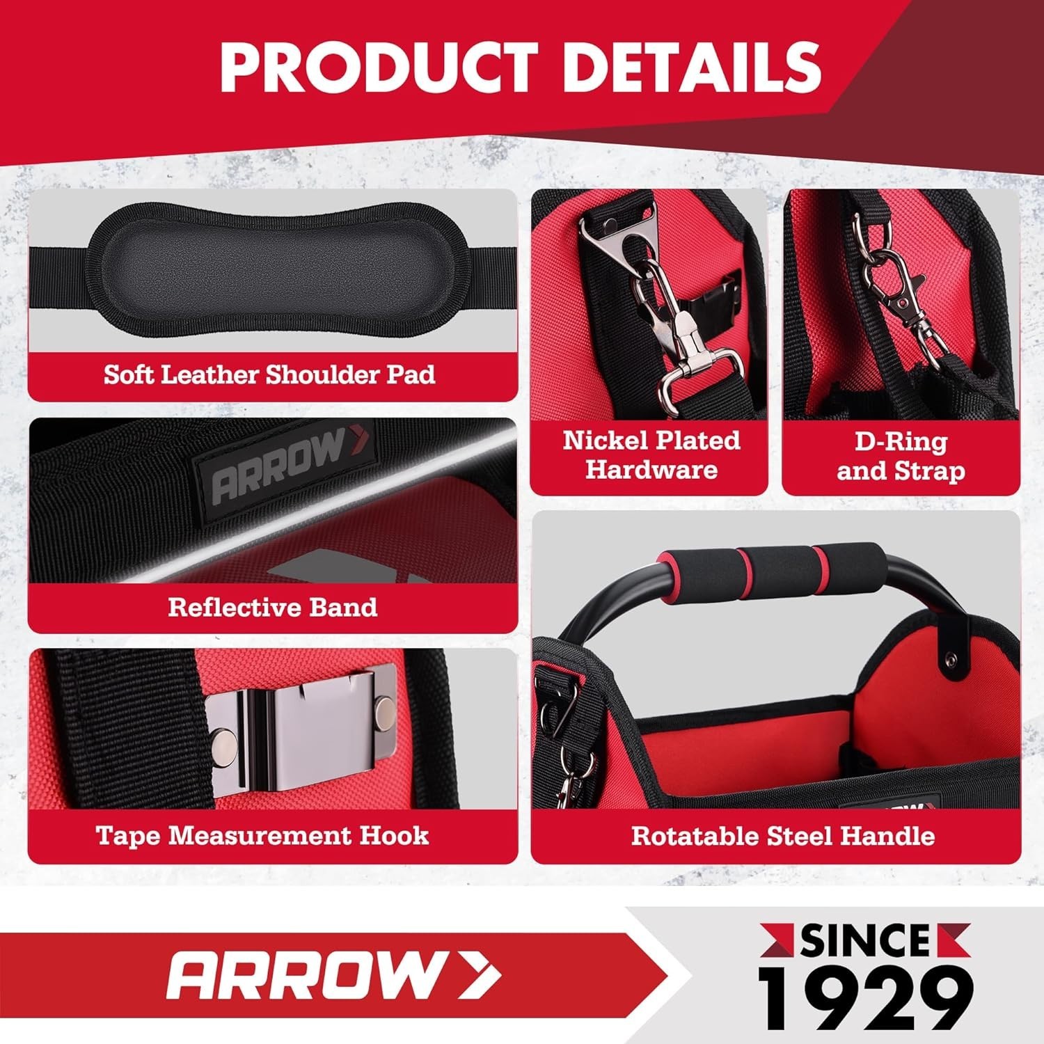 Arrow Fastener 12 Inch Tool Tote 19 Pockets Waterproof Hard Base
